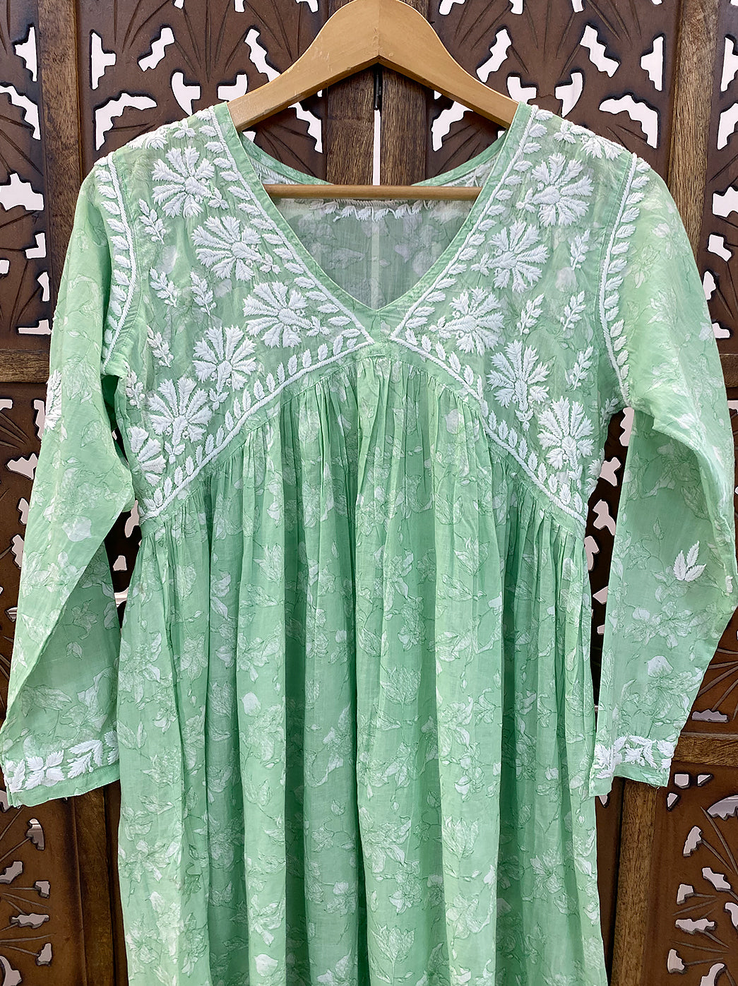 Pista Green Mulmul Chikankari A-Line Kurti
