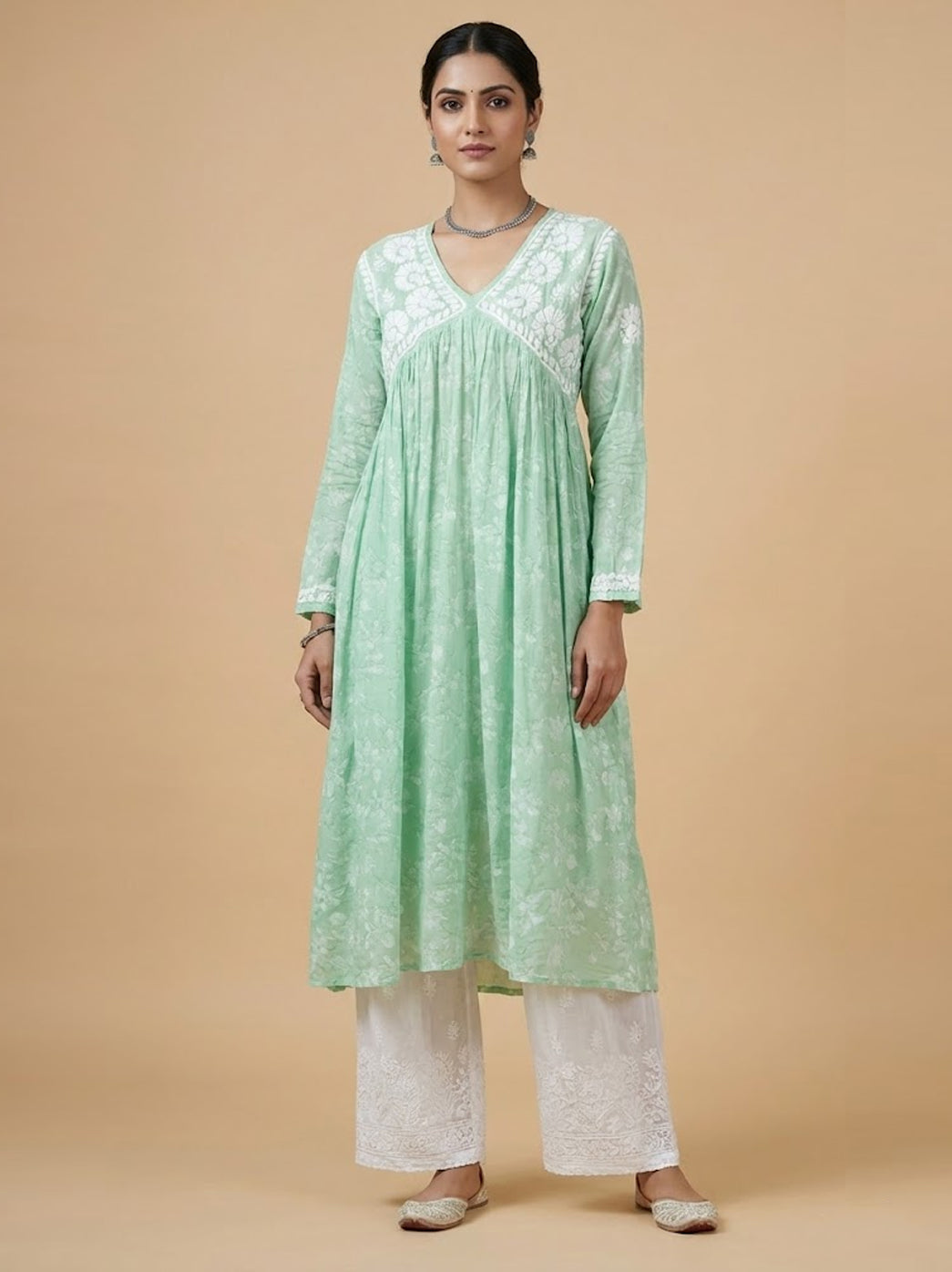 Pista Green Mulmul Chikankari A-Line Kurti