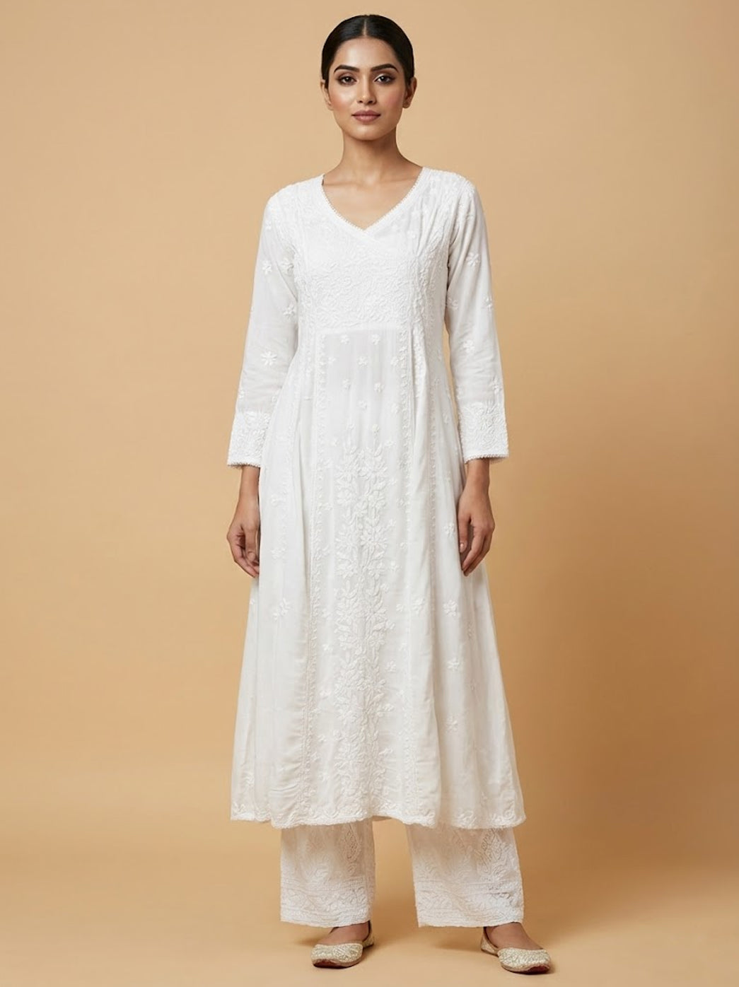 White Modal Chikankari Angrakha Kurti