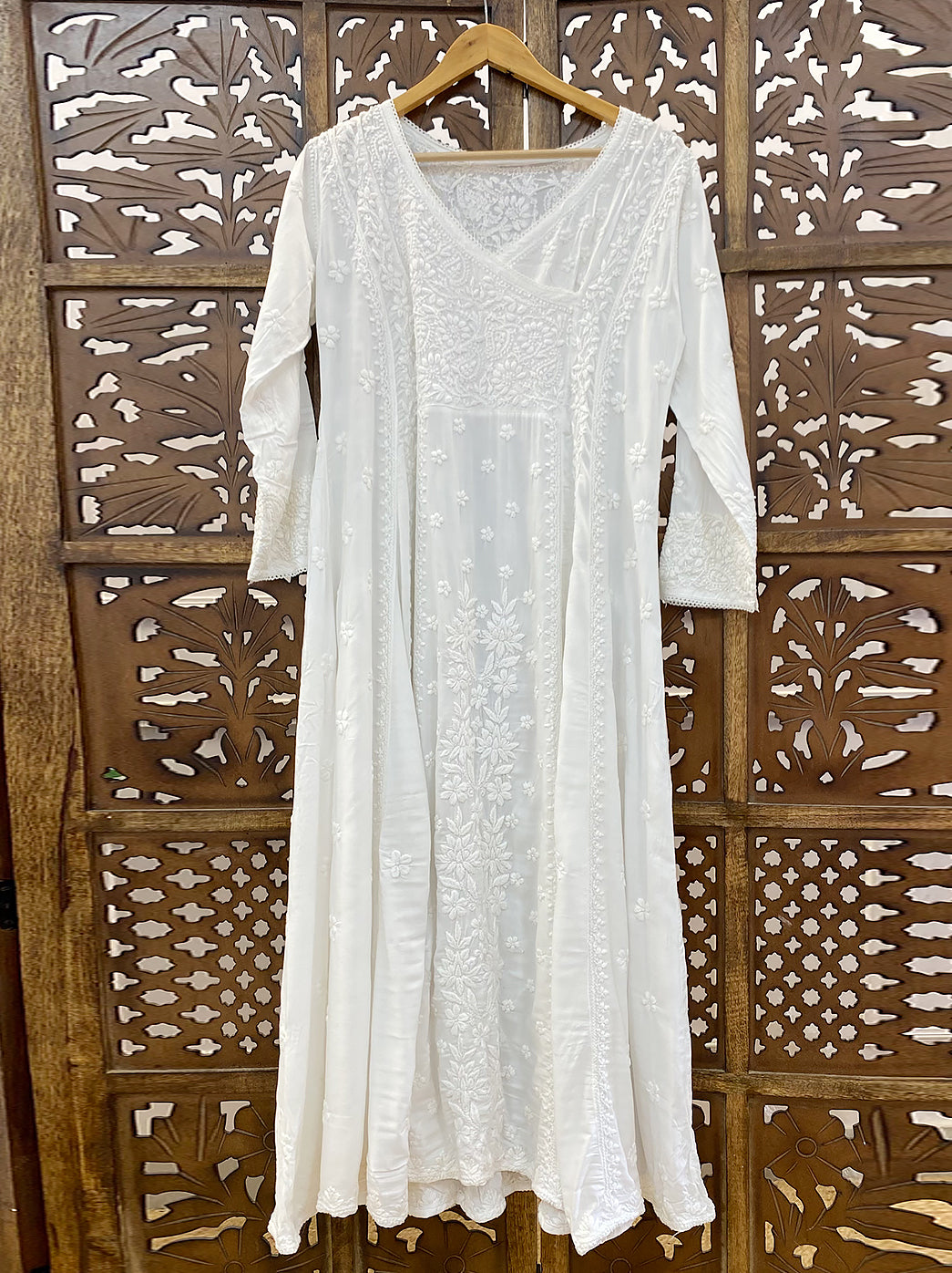 White Modal Chikankari Angrakha Kurti