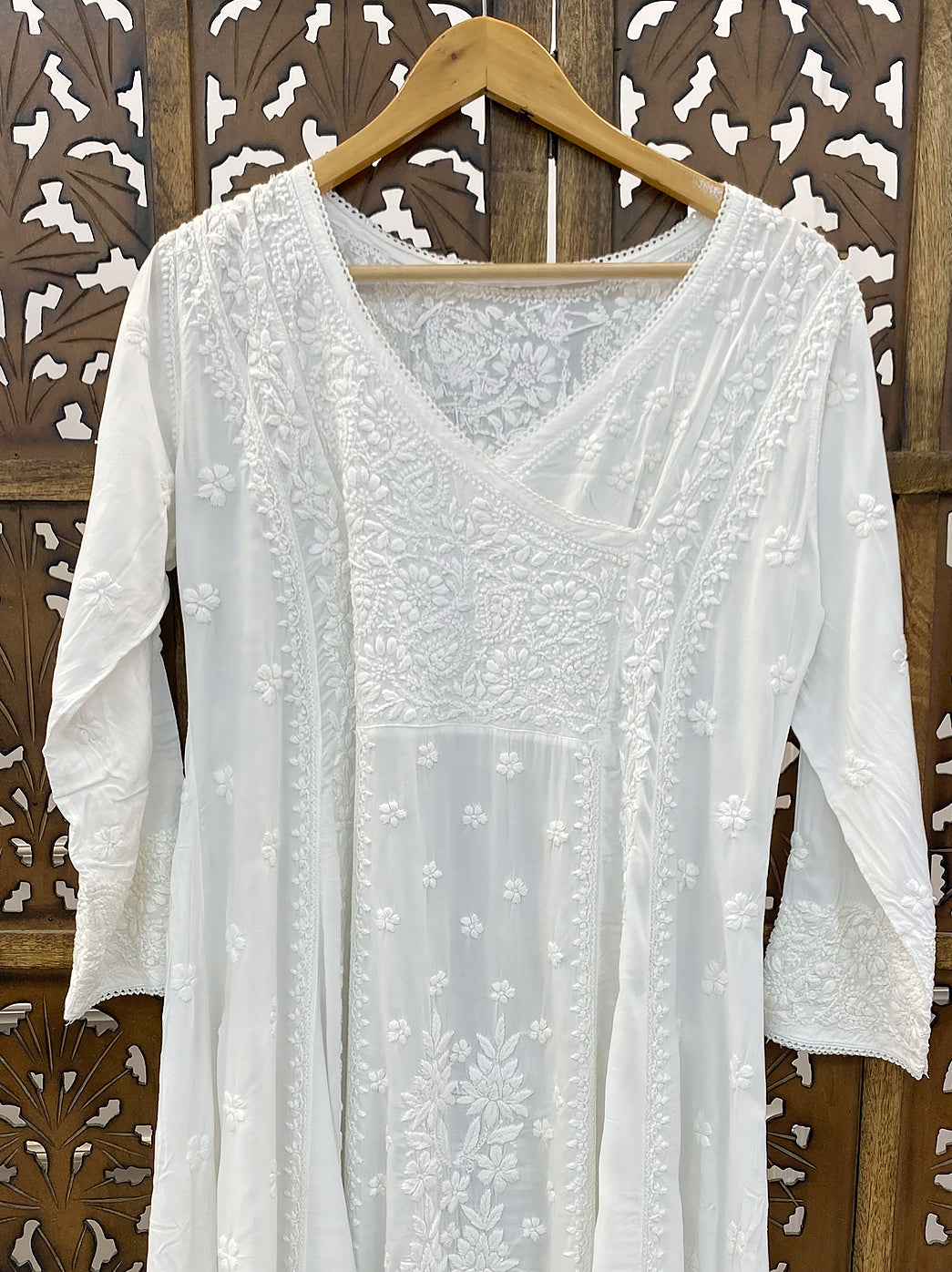 White Modal Chikankari Angrakha Kurti