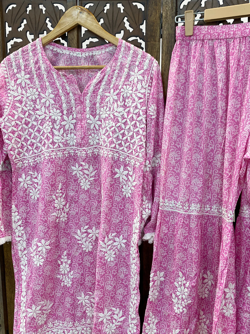 Pink Mulmul Chikankari Kurti Palazzo Set