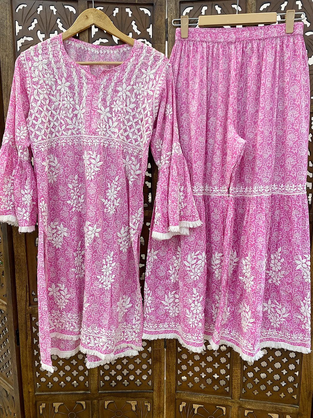 Pink Mulmul Chikankari Kurti Palazzo Set
