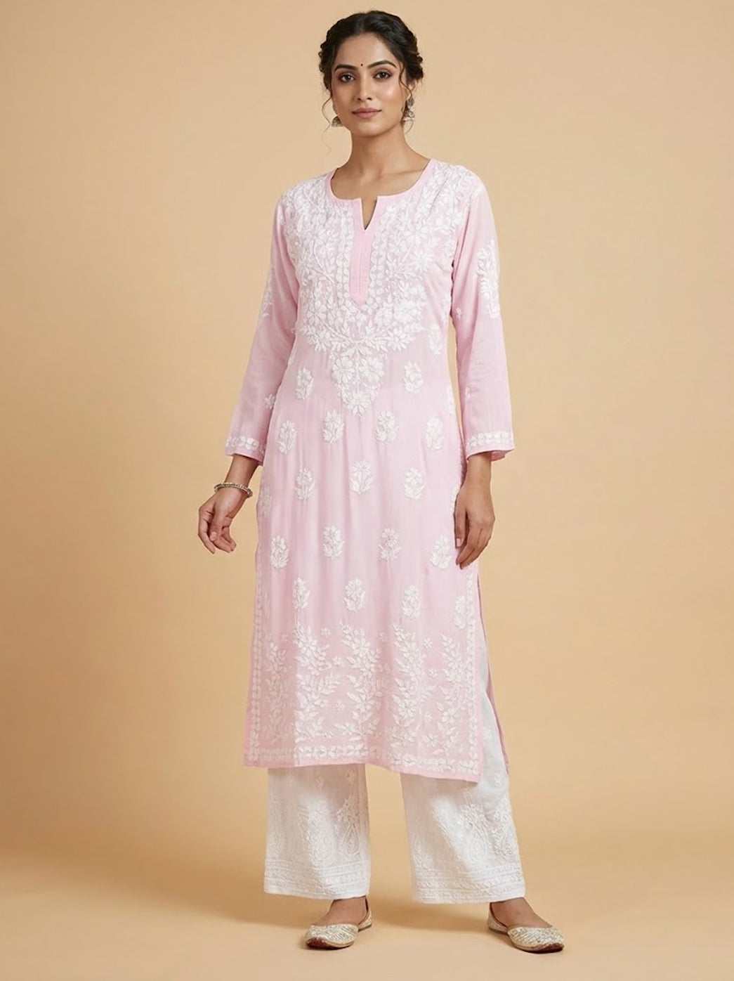 Baby Pink Modal Chikankari Straight Kurti