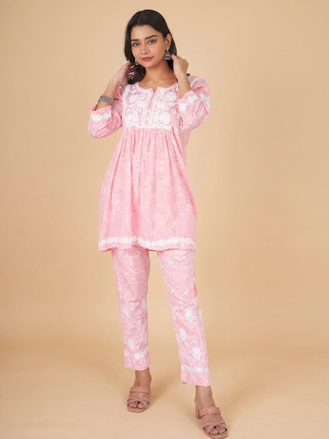 Peach Mulmul Chikankari Co-ord Set