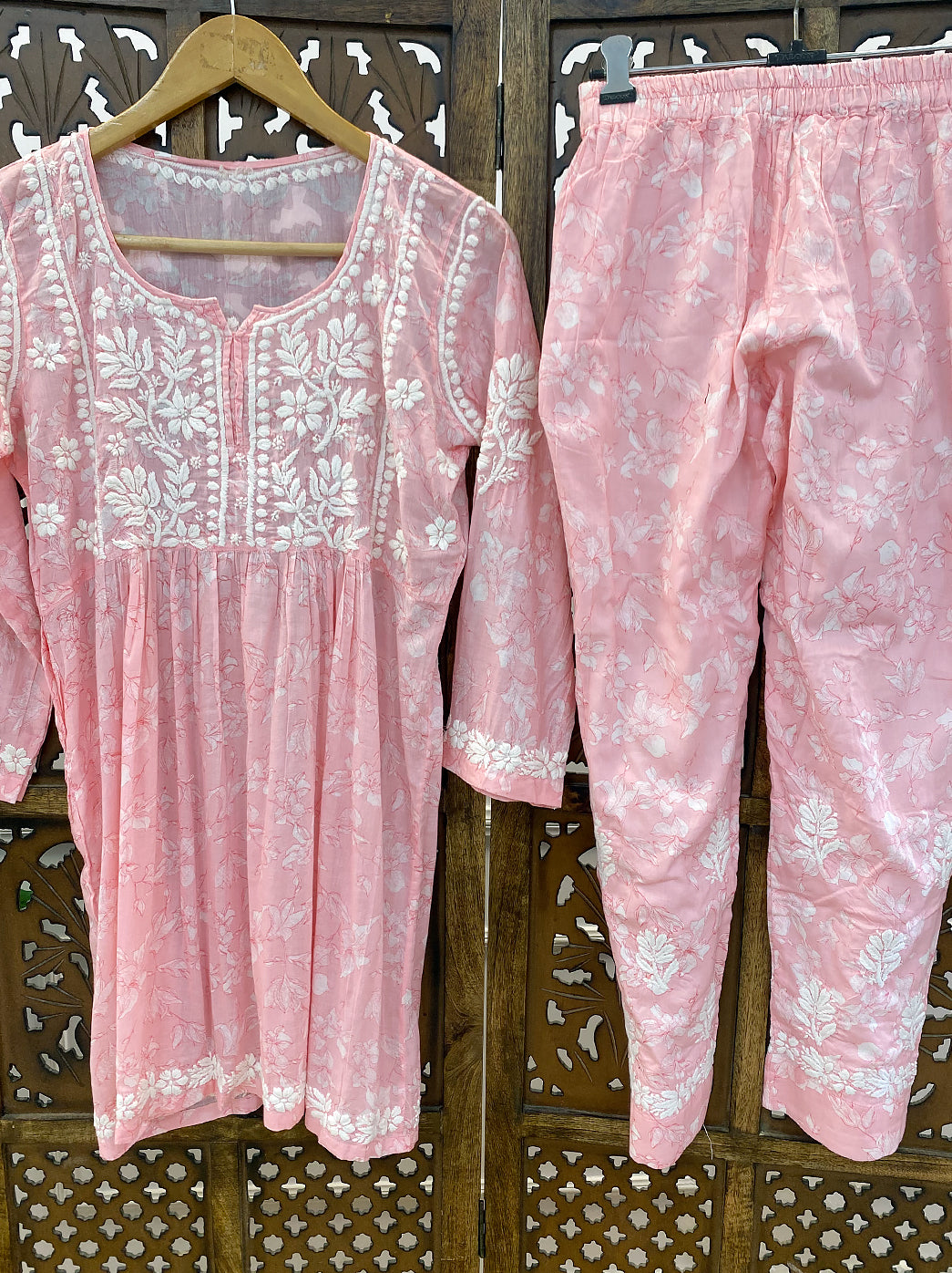 Peach Mulmul Chikankari Co-ord Set