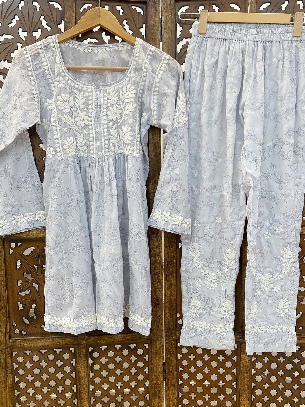 Grey Mulmul Chikankari Co-ord Set