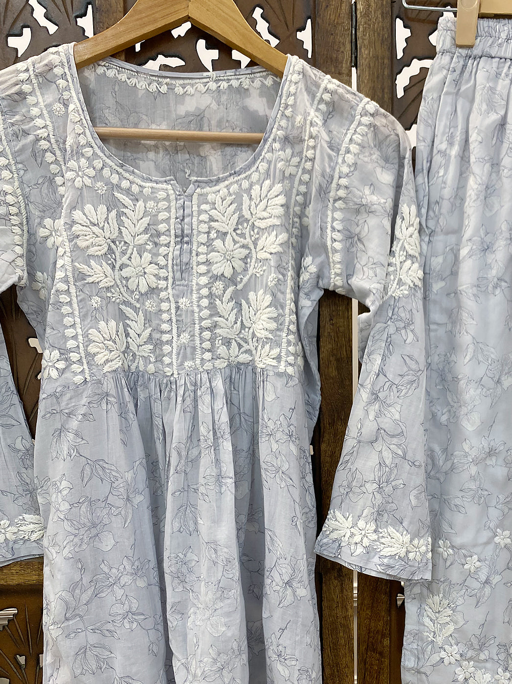 Grey Mulmul Chikankari Co-ord Set