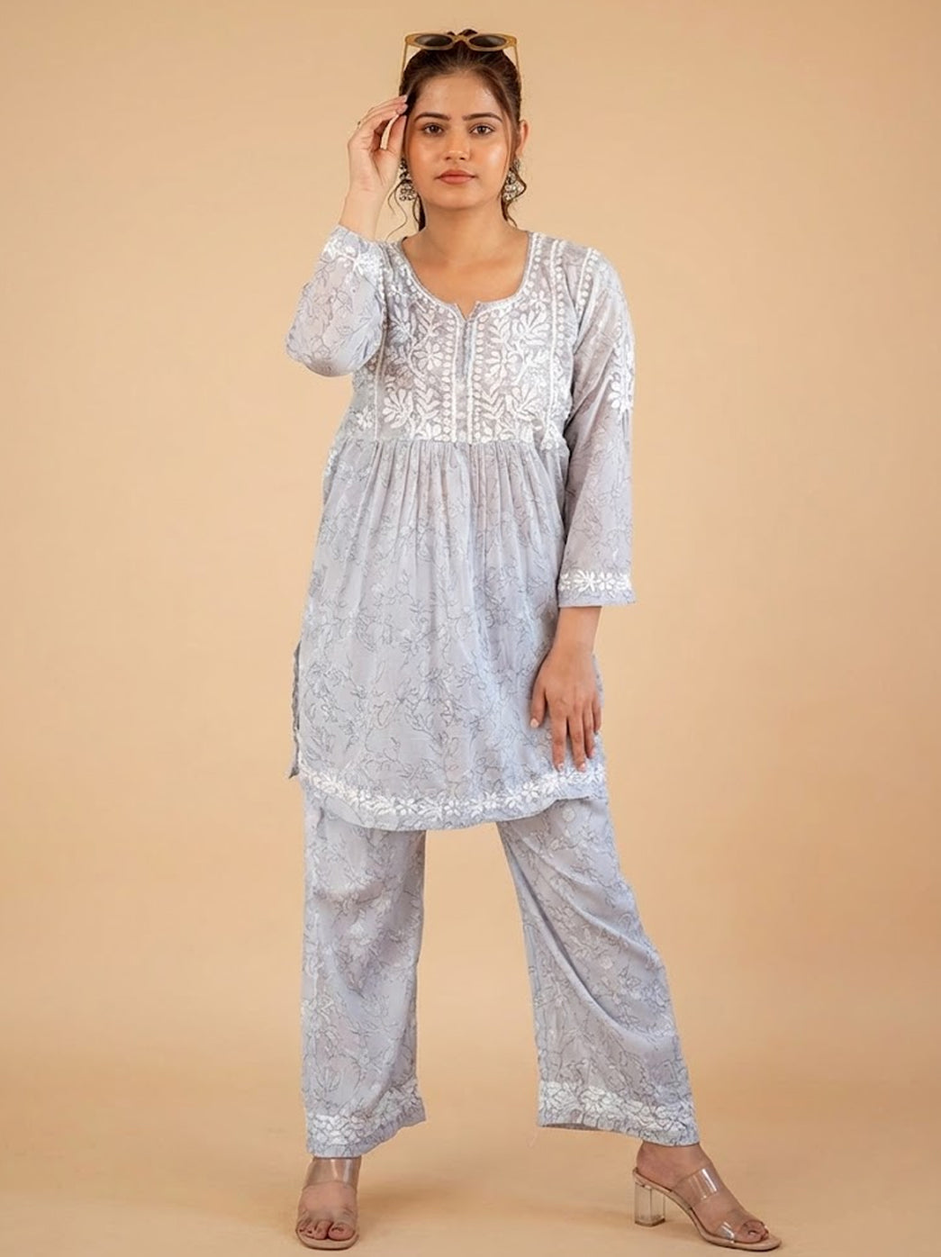 Grey Mulmul Chikankari Co-ord Set