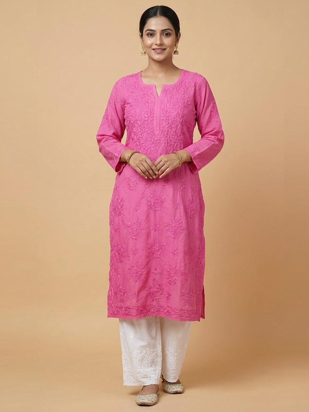 Pink Chanderi Chikankari Straight Kurti
