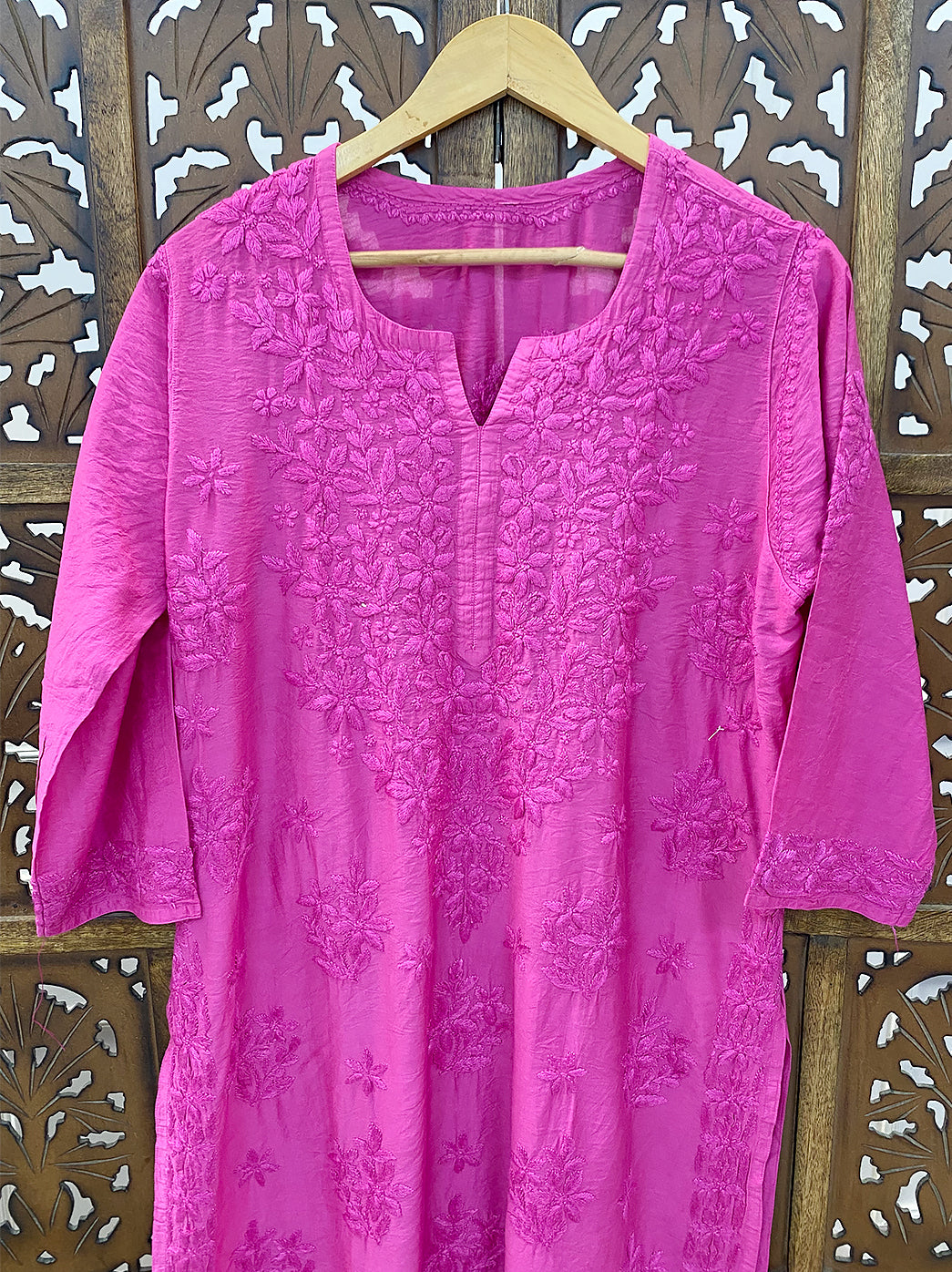 Pink Chanderi Chikankari Straight Kurti