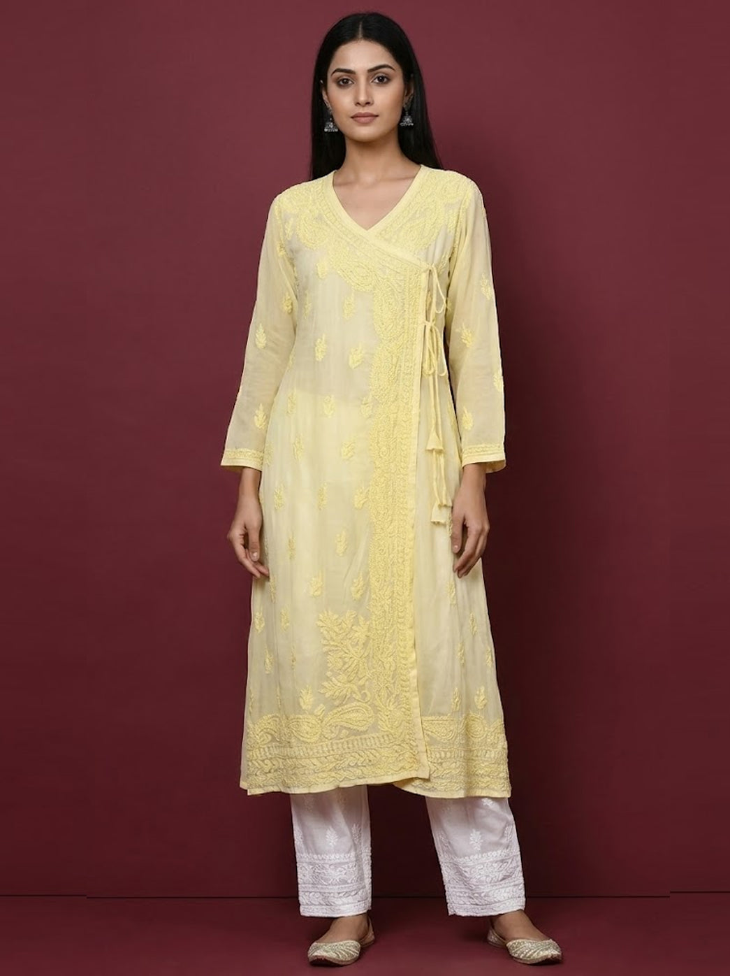 Yellow Georgette Chikankari Angarkha Kurti