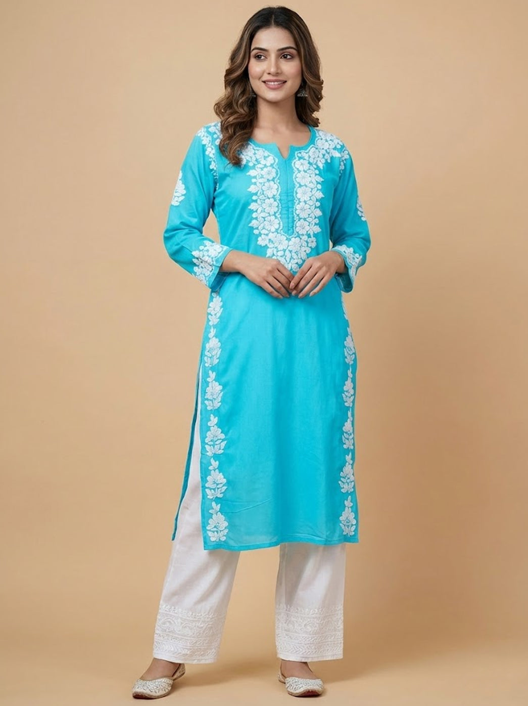 Sky Blue Rayon Chikankari Straight Kurti