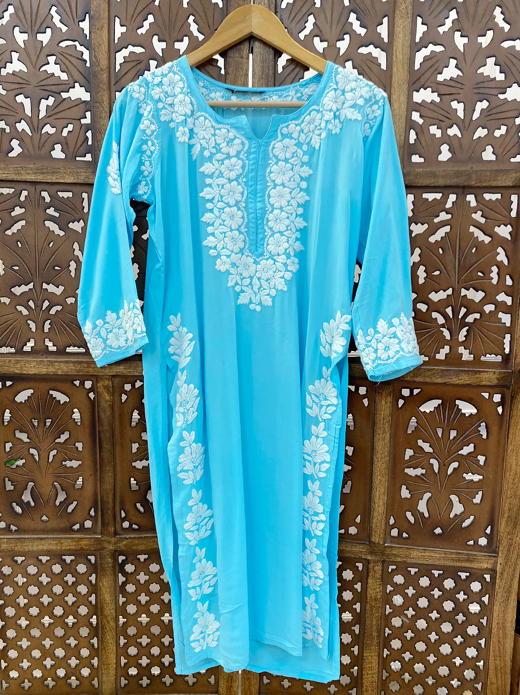 Sky Blue Rayon Chikankari Straight Kurti