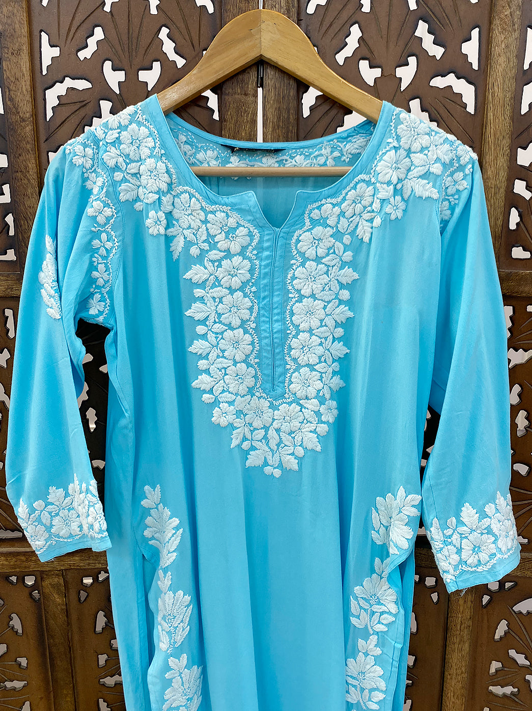 Sky Blue Rayon Chikankari Straight Kurti