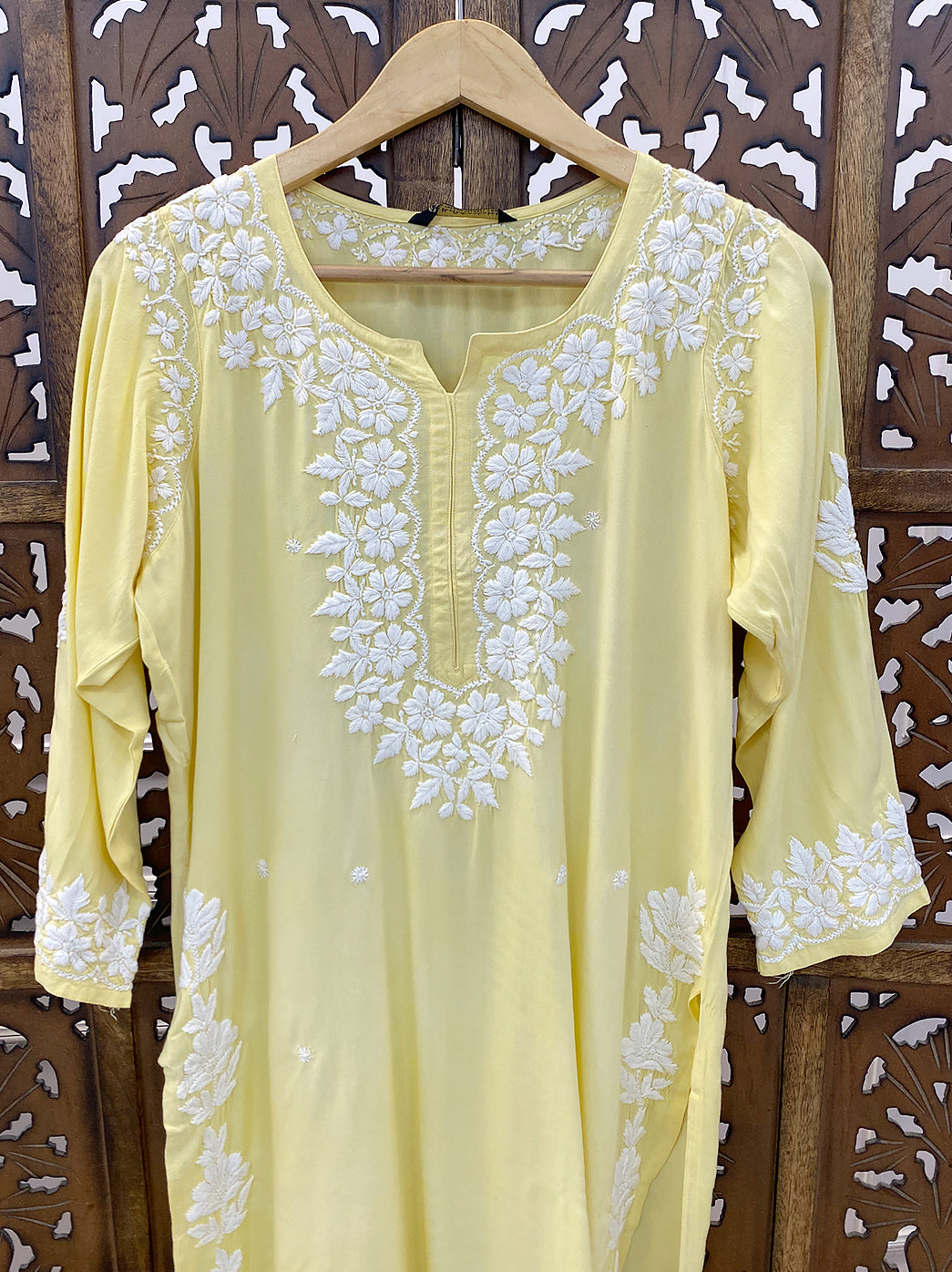 Yellow Rayon Chikankari Straight Kurti