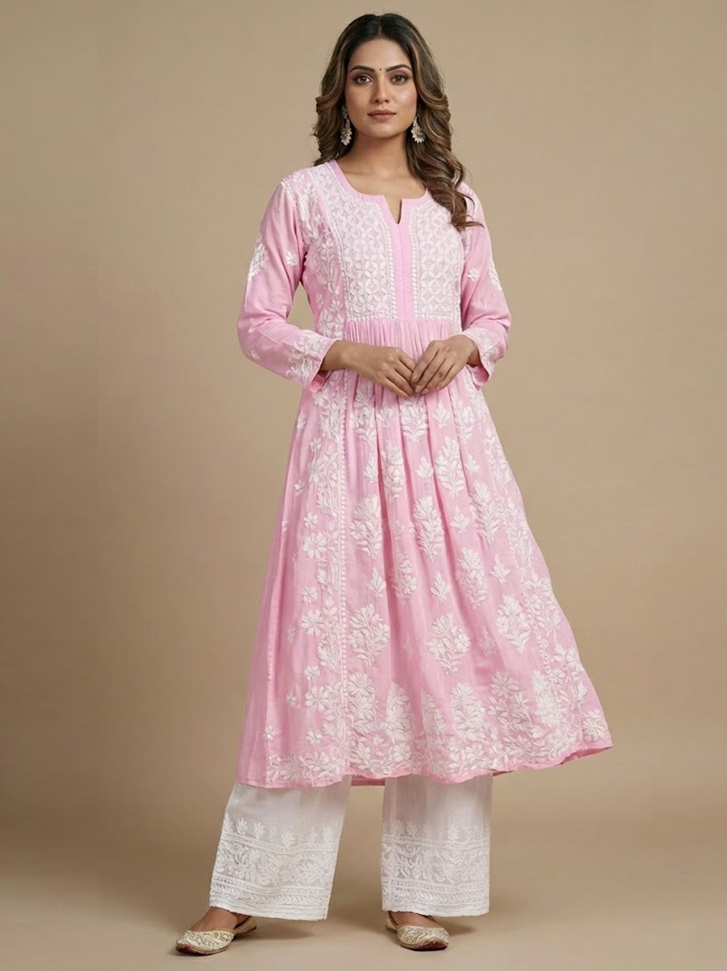 Baby Pink Modal Chikankari A-Line Kurti
