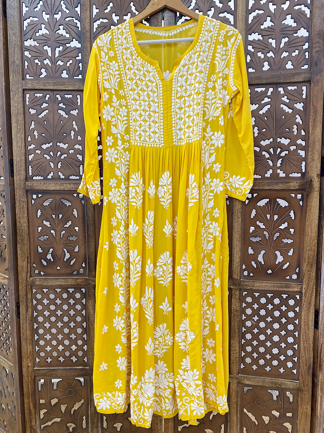 Yellow Modal Chikankari A-Line Kurti