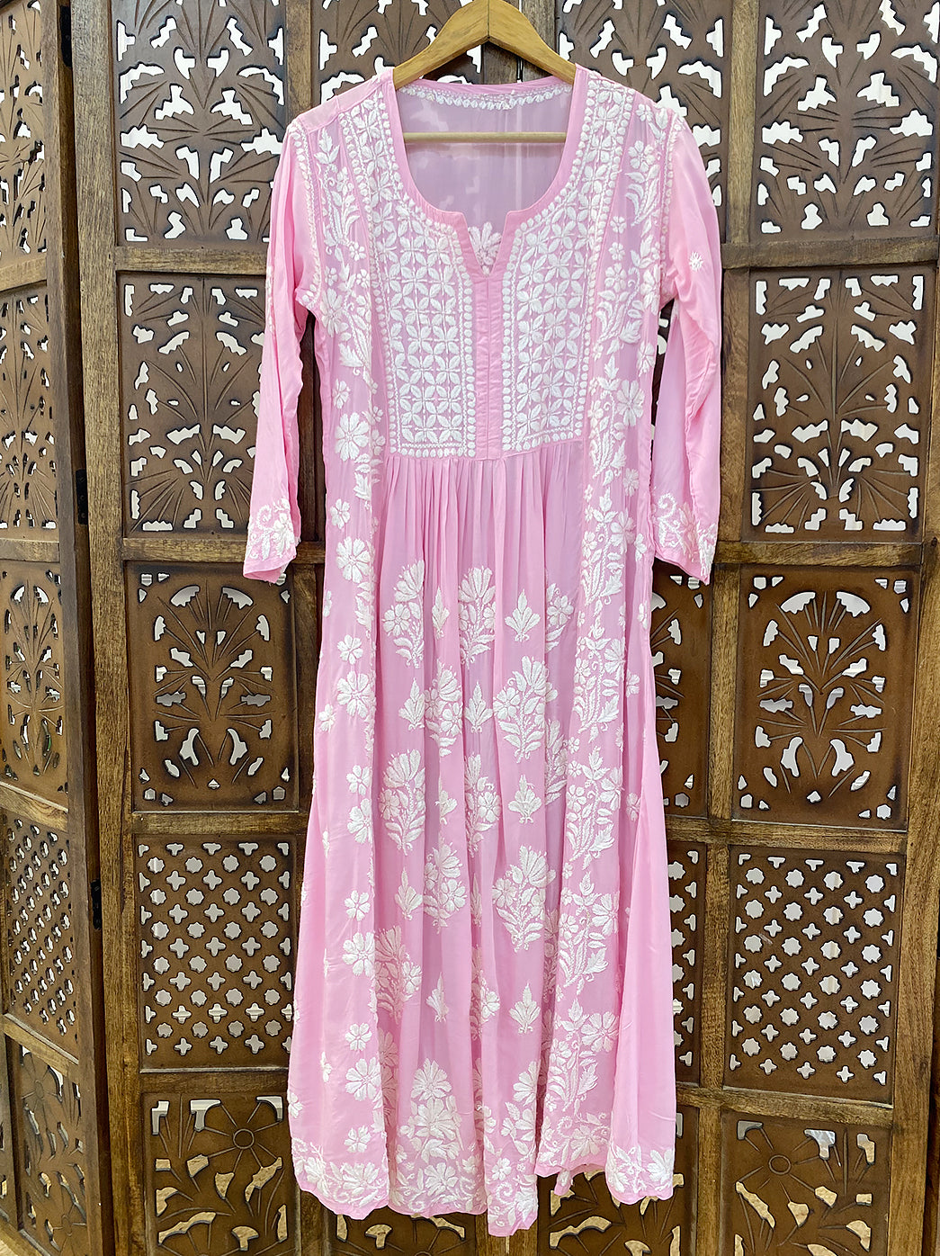 Baby Pink Modal Chikankari A-Line Kurti
