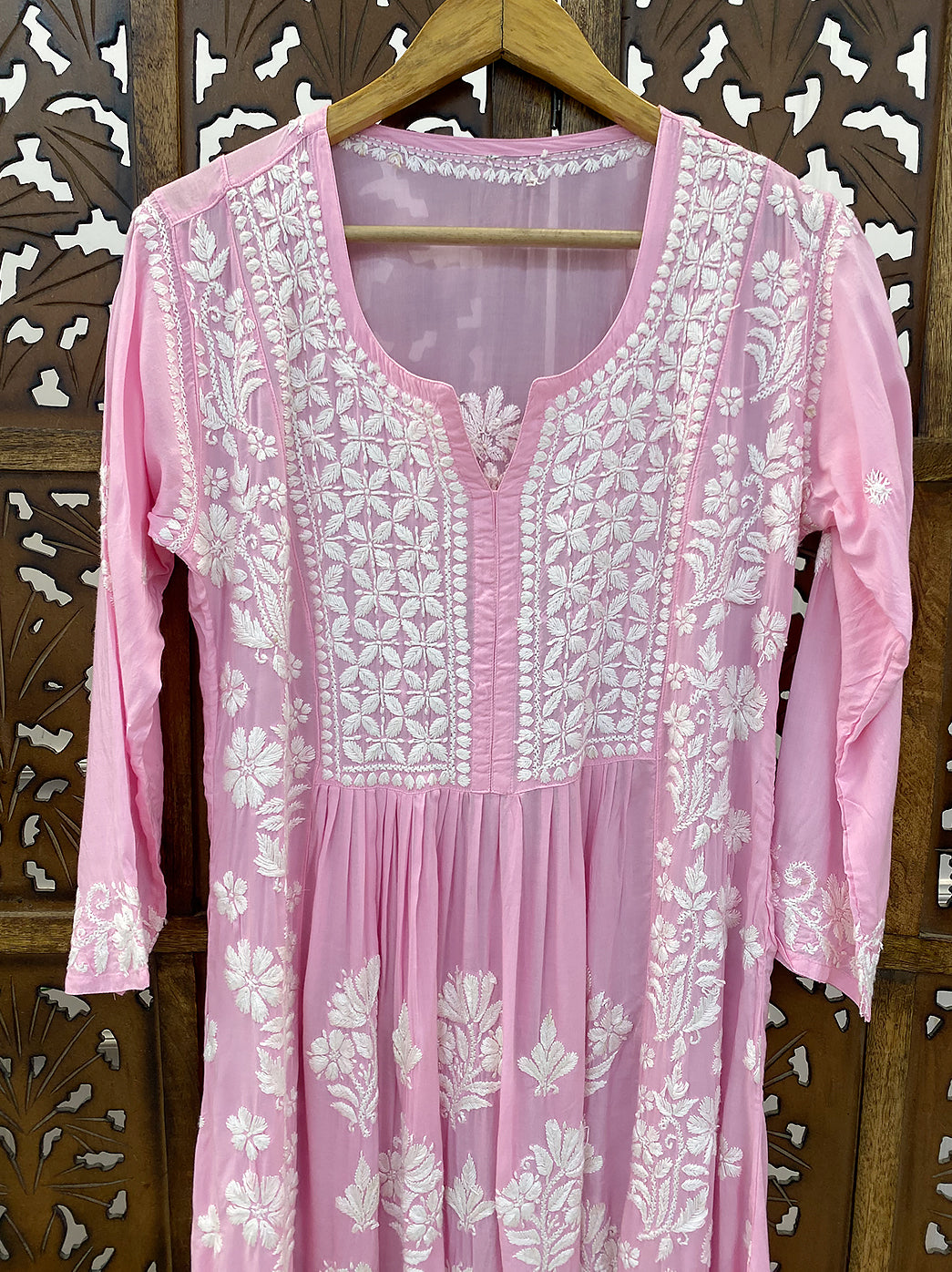 Baby Pink Modal Chikankari A-Line Kurti