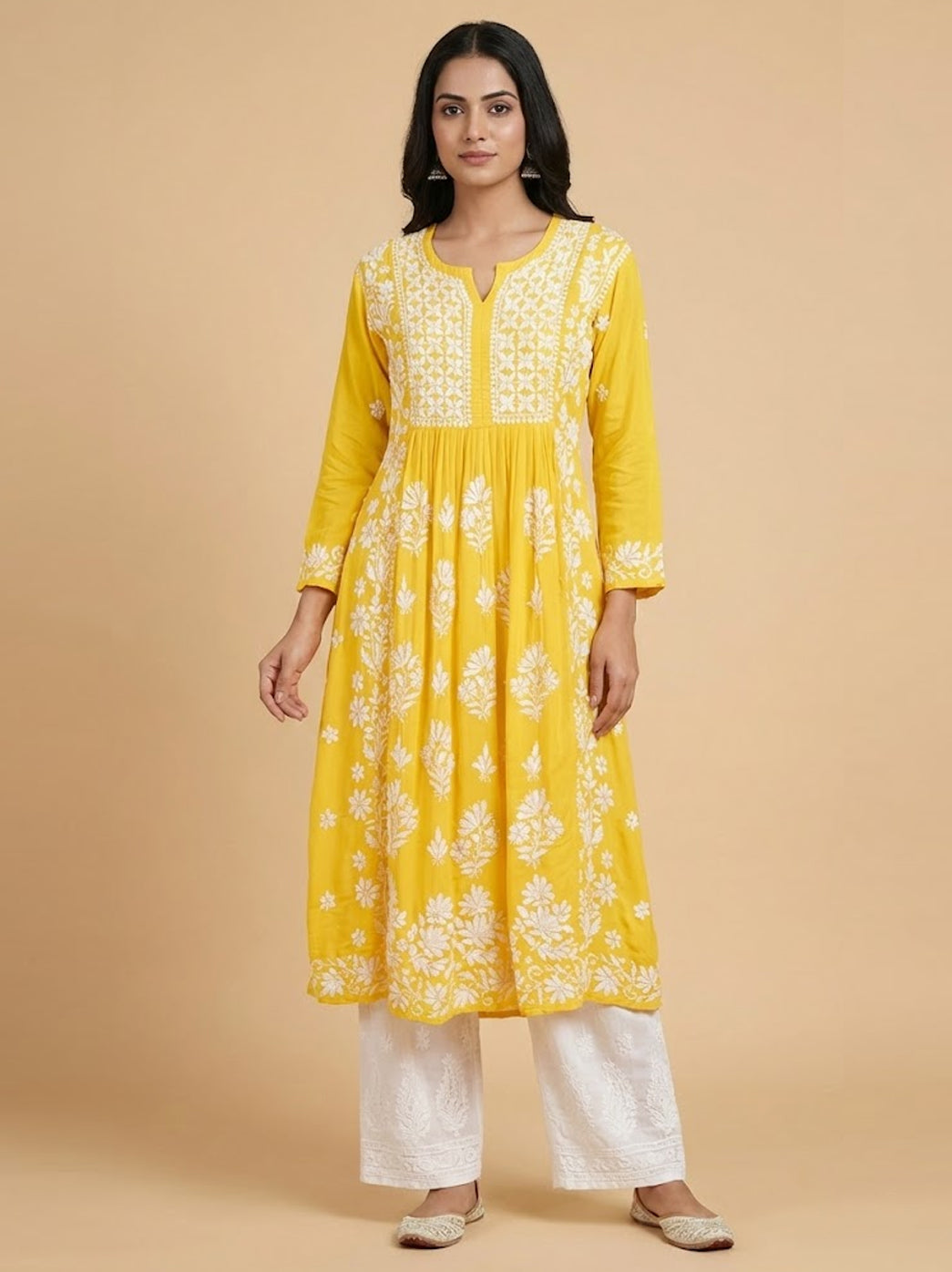 Yellow Modal Chikankari A-Line Kurti