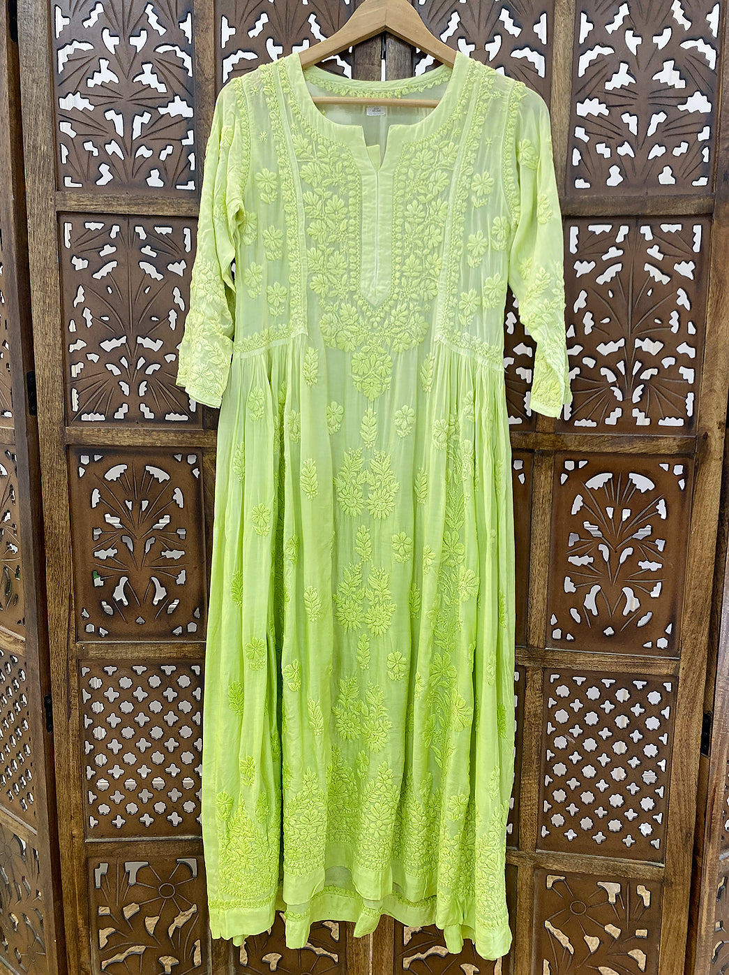 Pista Green Muslin Chikankari A-Line Kurti