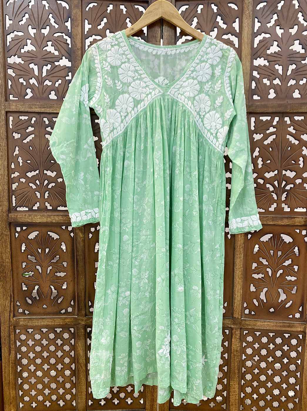 Pista Green Mulmul Chikankari A-Line Kurti