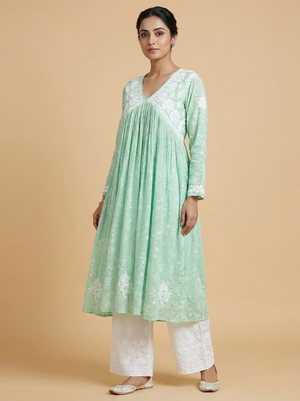 Pista Green Mulmul Chikankari A-Line Kurti