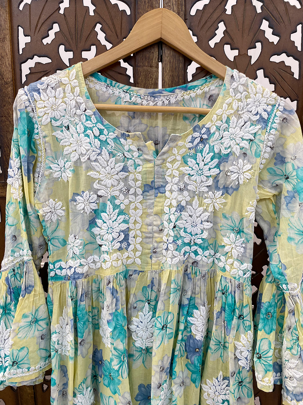 Yellow Mulmul Printed Chikankari Top