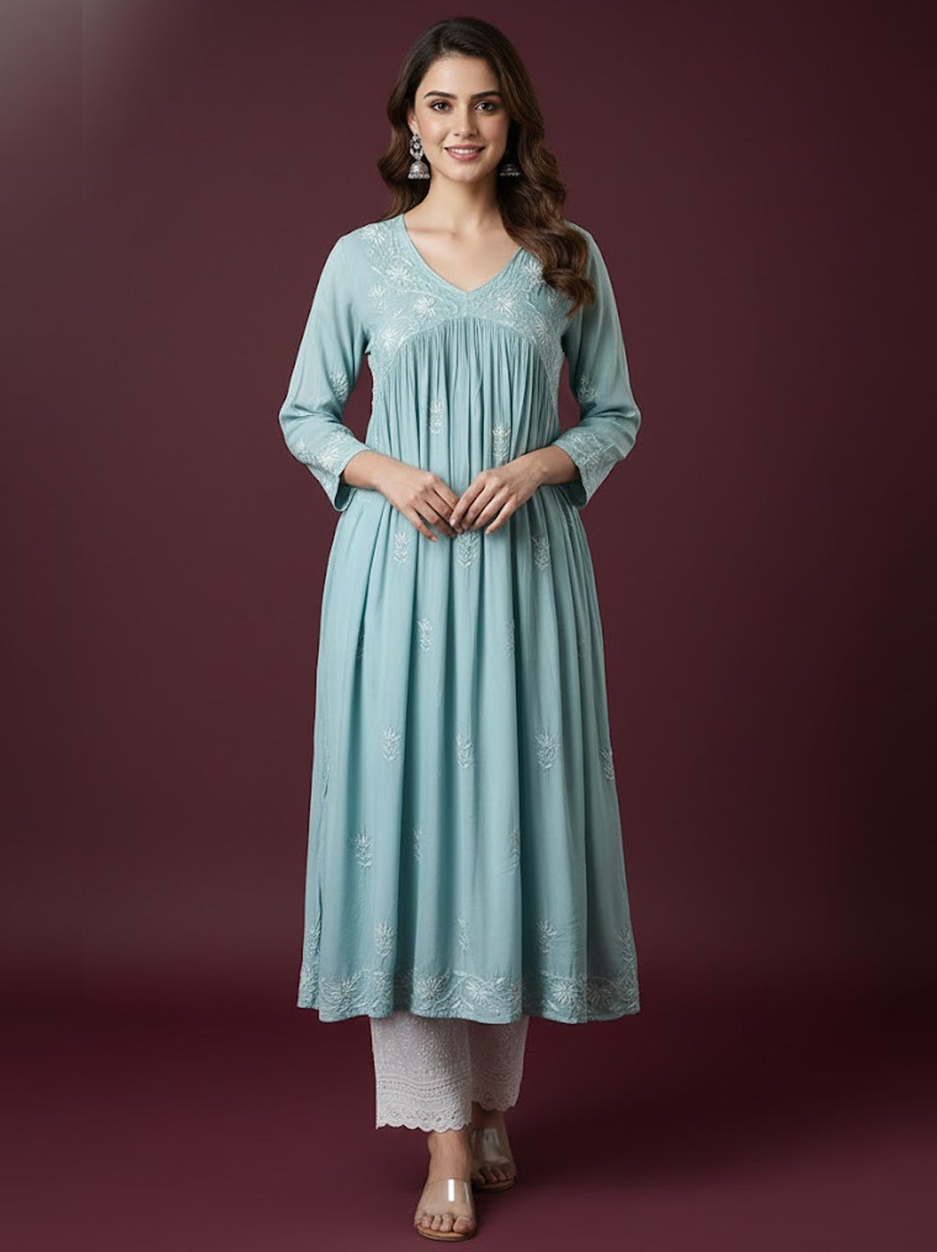 Green Muslin Chikankari A-Line Kurti