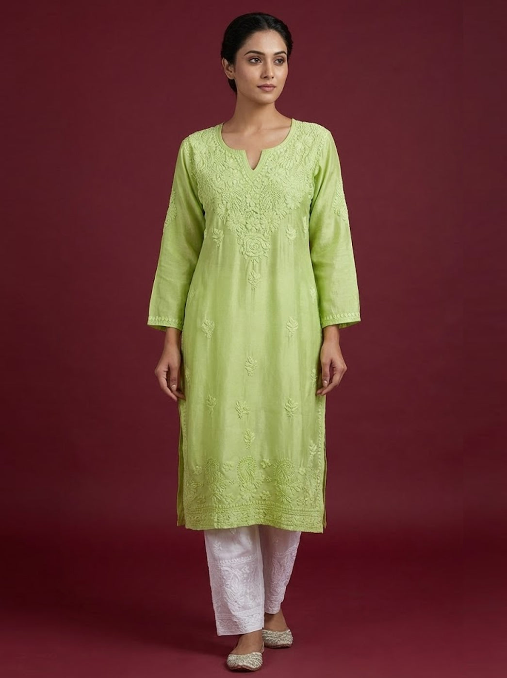 Green Chanderi Chikankari Straight Kurti