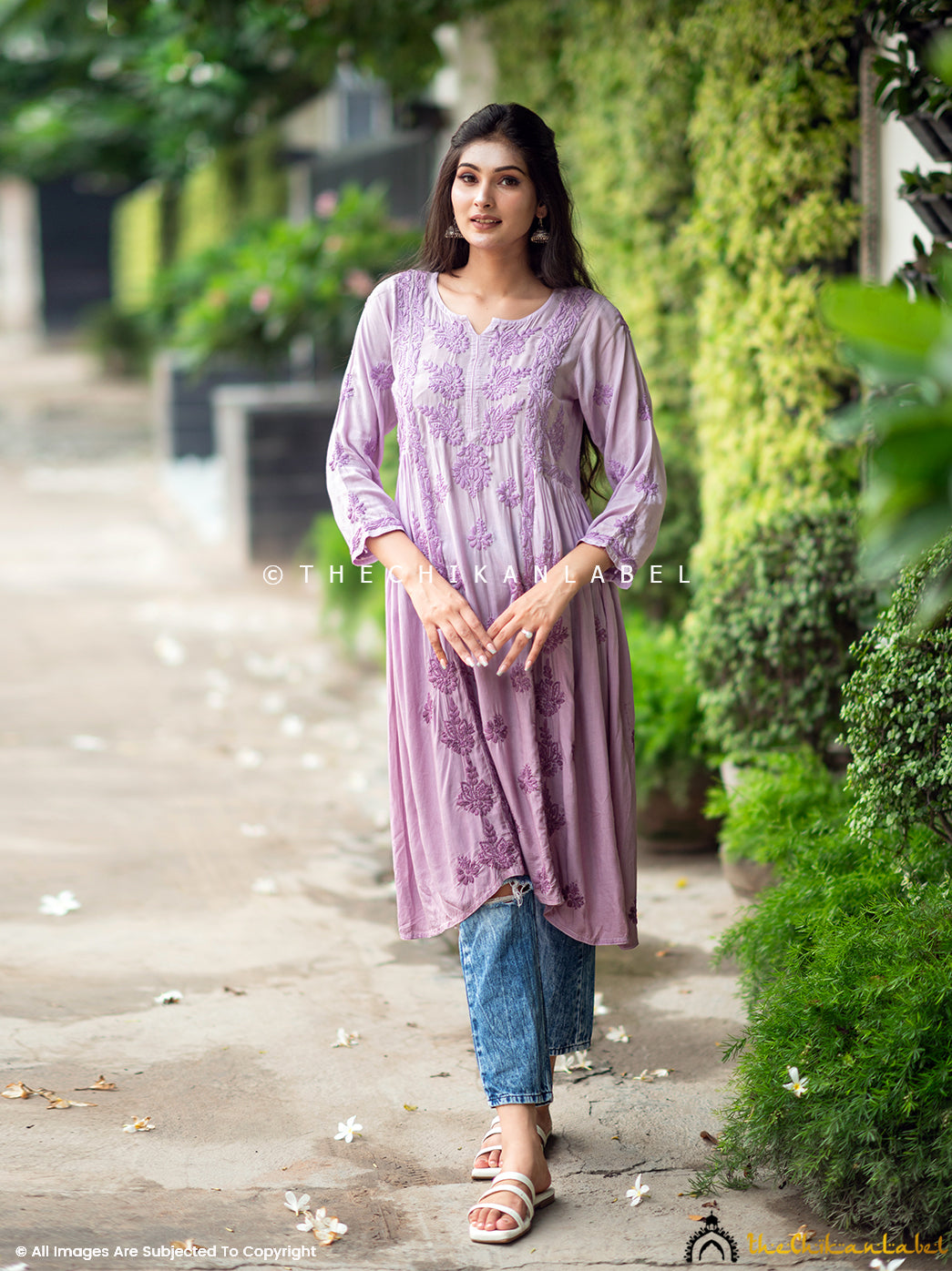 Mauve Anisa Modal Chikankari A-Line Kurti The Chikan Label