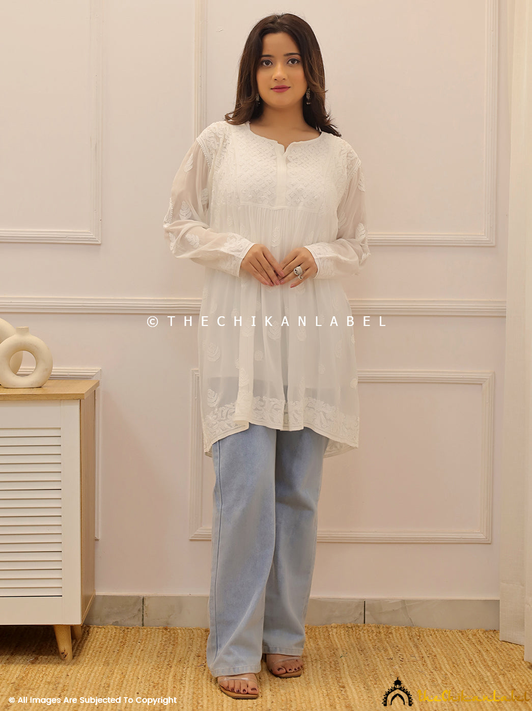 White Viscose Chikankari Short Top