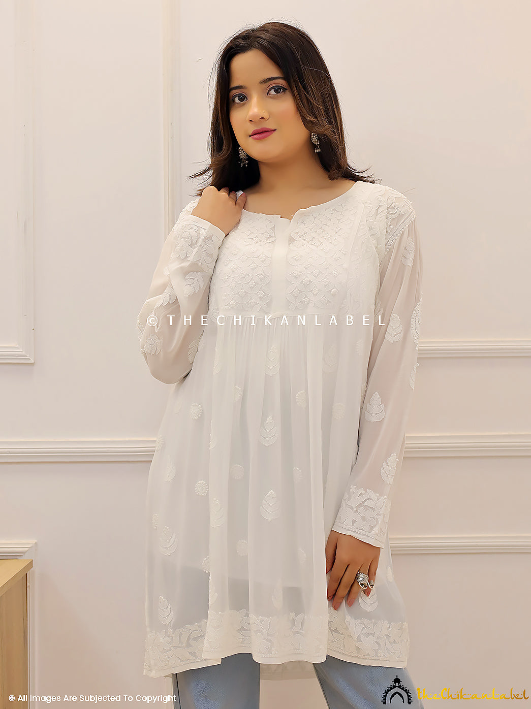 White Viscose Chikankari Short Top