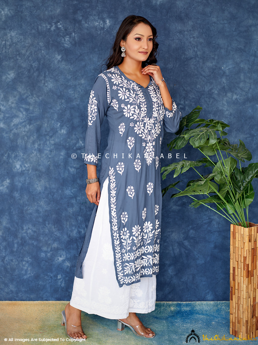 Grey Modal Chikankari Straight Kurti