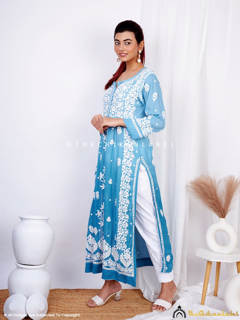 Blue Vidhi Muslin Chikankari Straight Kurti