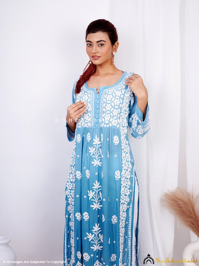 Blue Vidhi Muslin Chikankari Straight Kurti