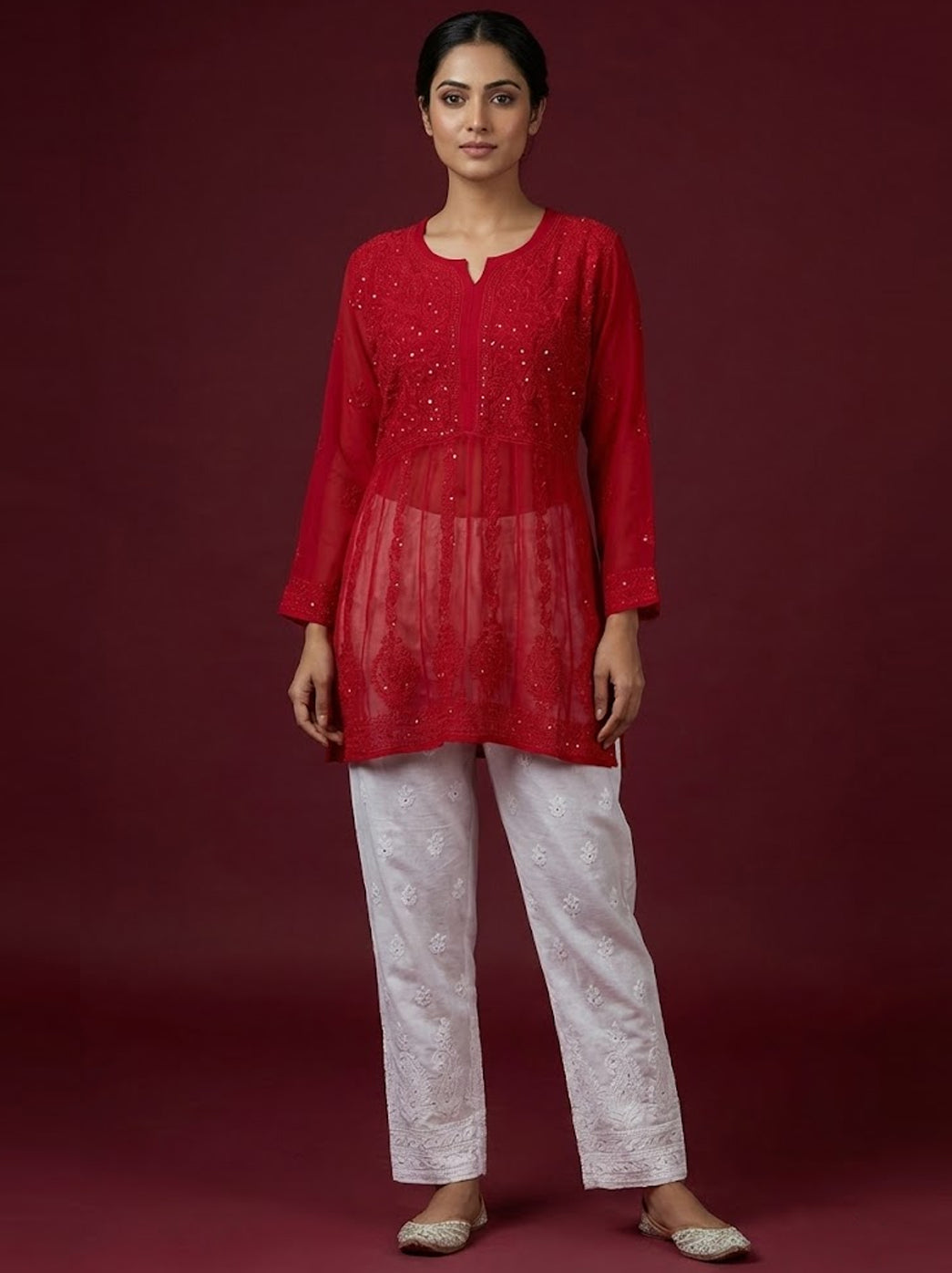 Red Viscose Chikankari Short Kurti