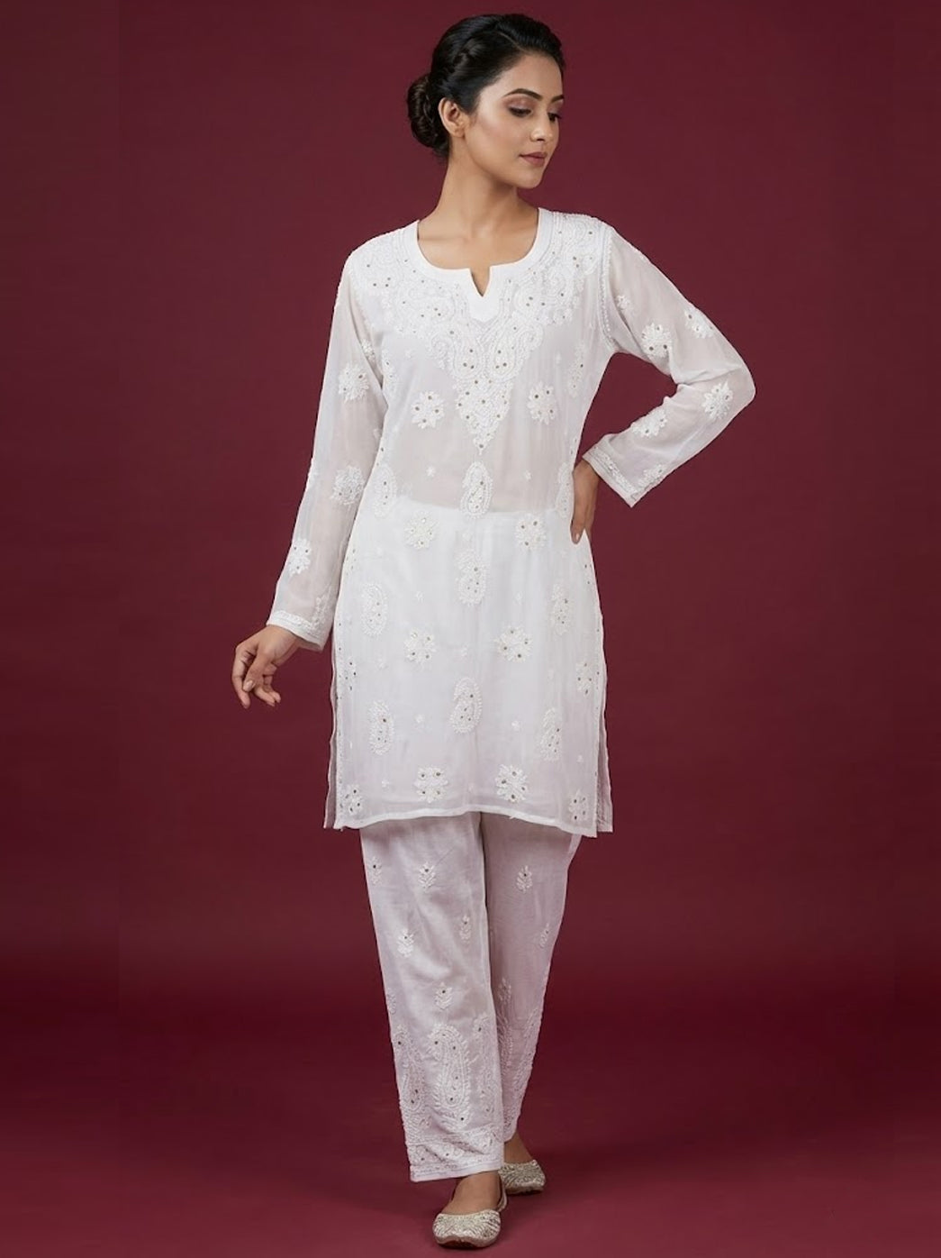 White Viscose Chikankari Short Kurti
