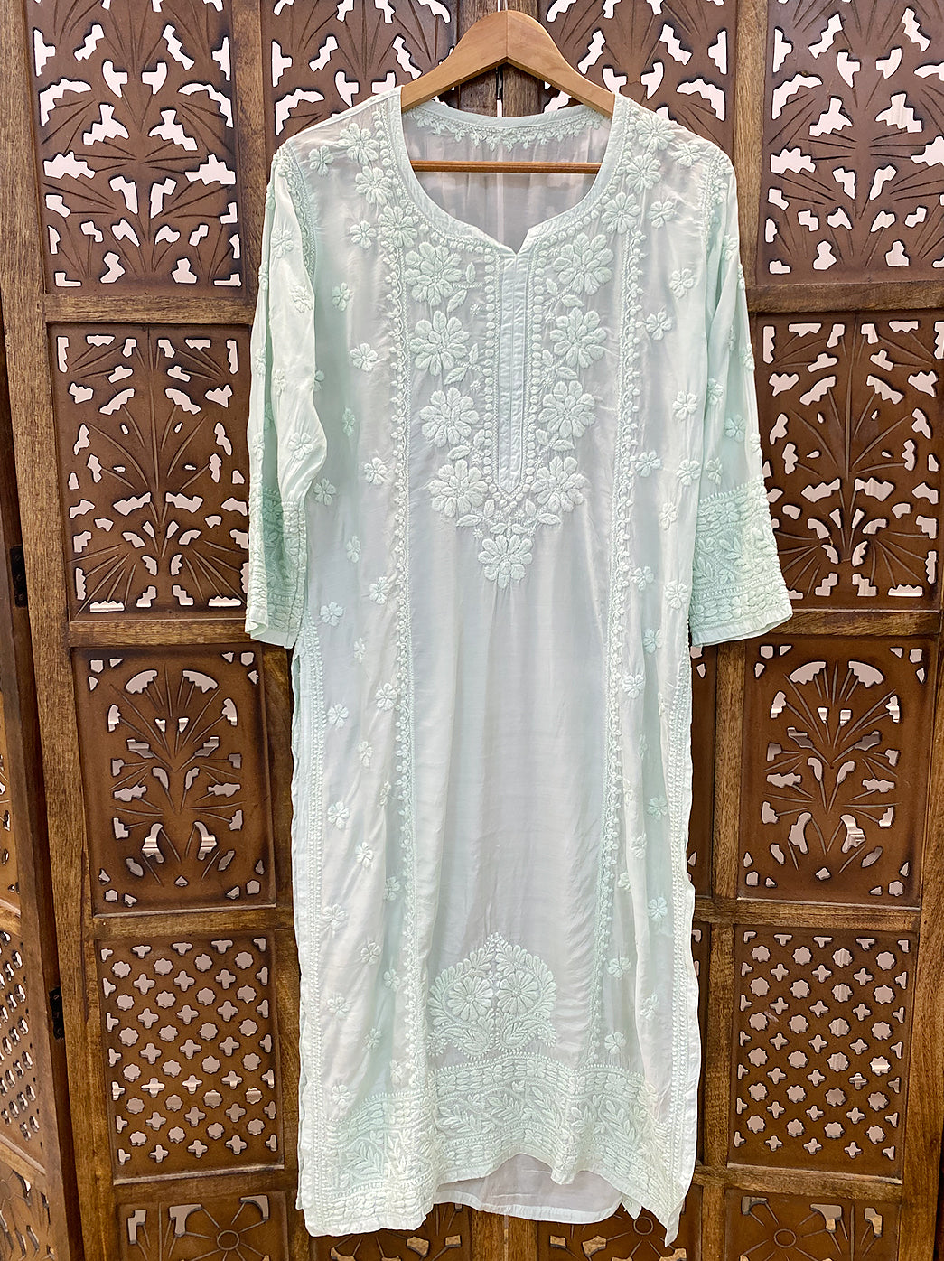 Sea Green Muslin Chikankari Straight Kurti