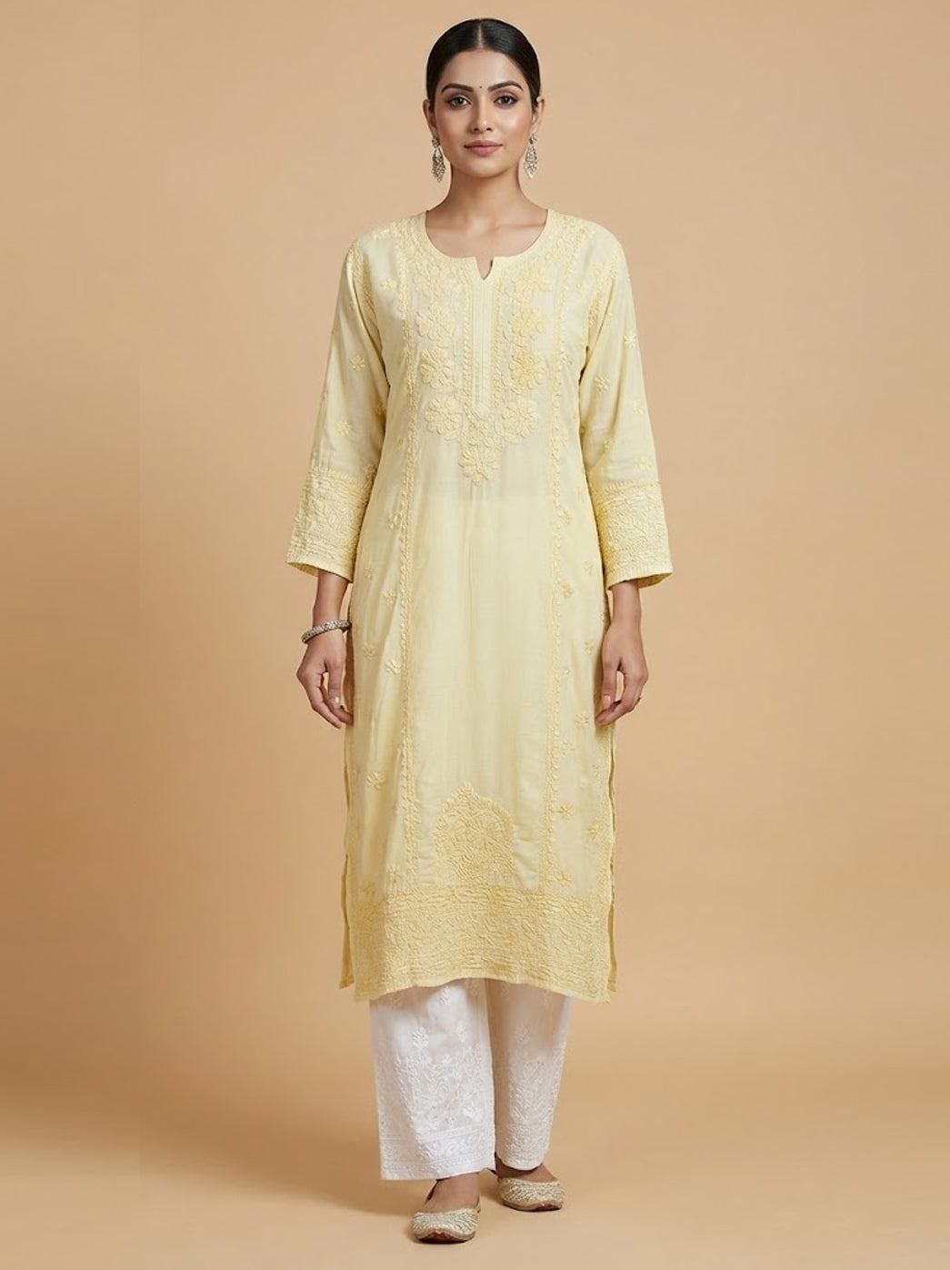 Beige Muslin Chikankari Straight Kurti
