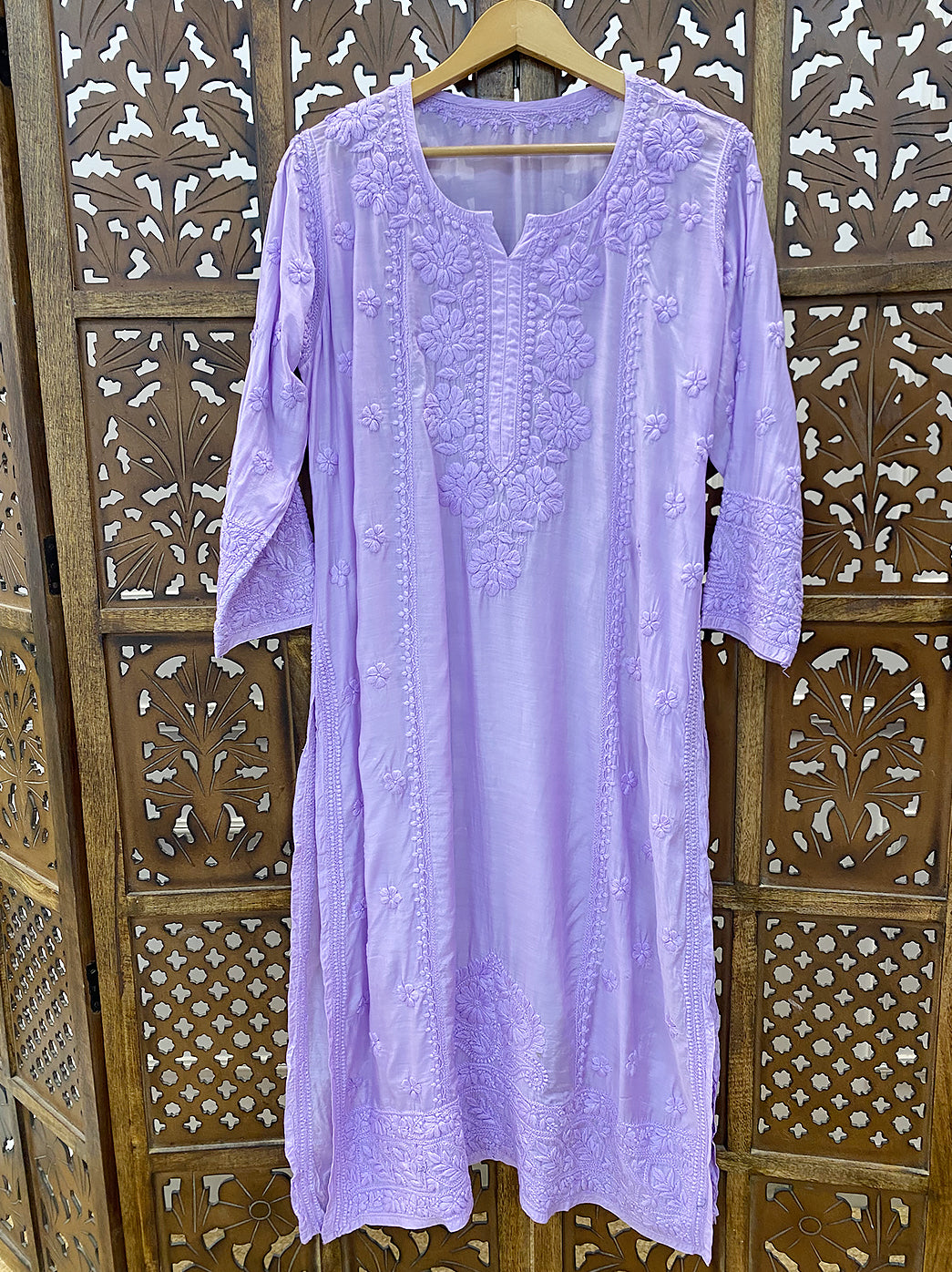 Lavender Muslin Chikankari Straight Kurti
