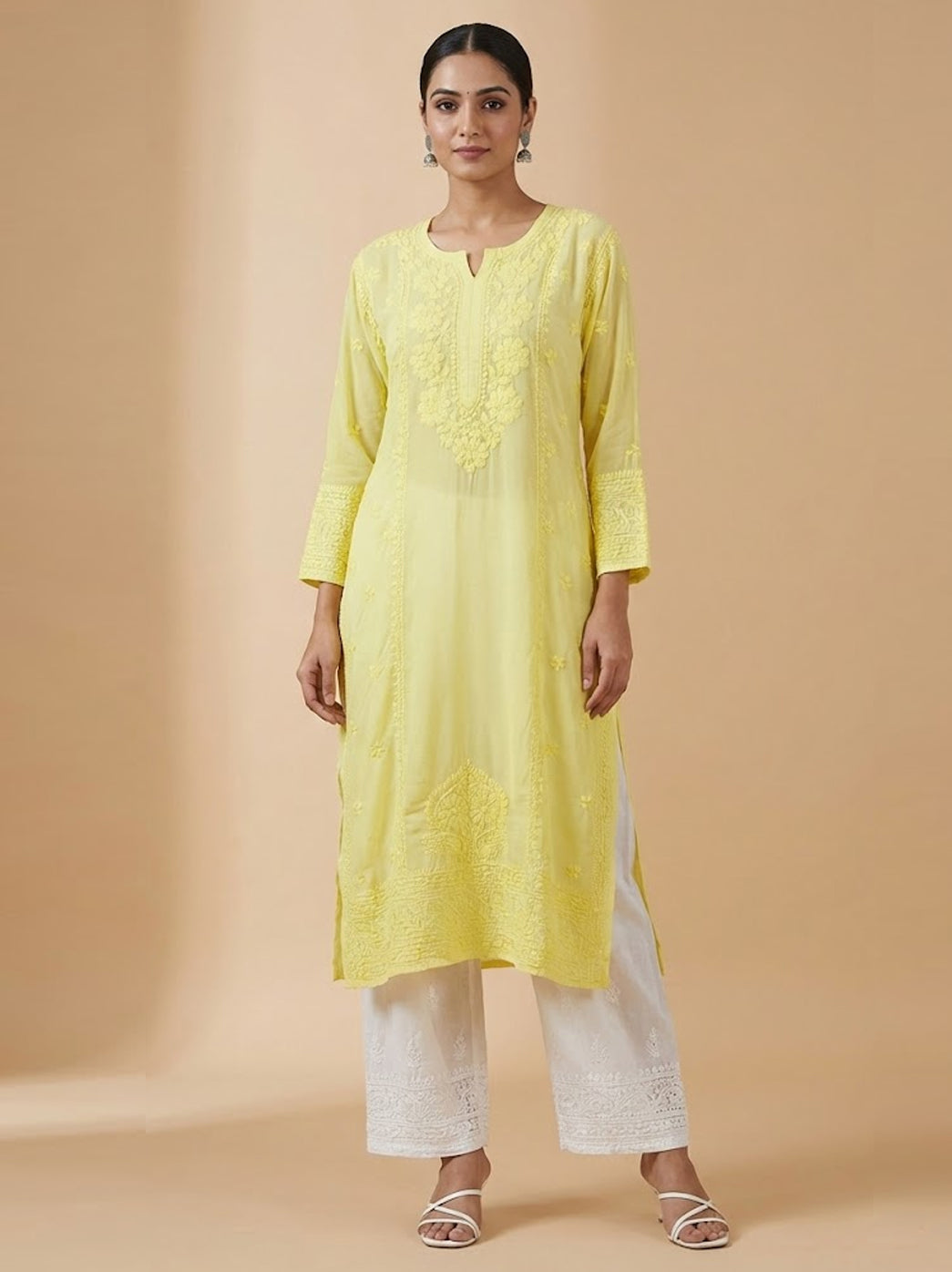 Lime Yellow Muslin Chikankari Straight Kurti