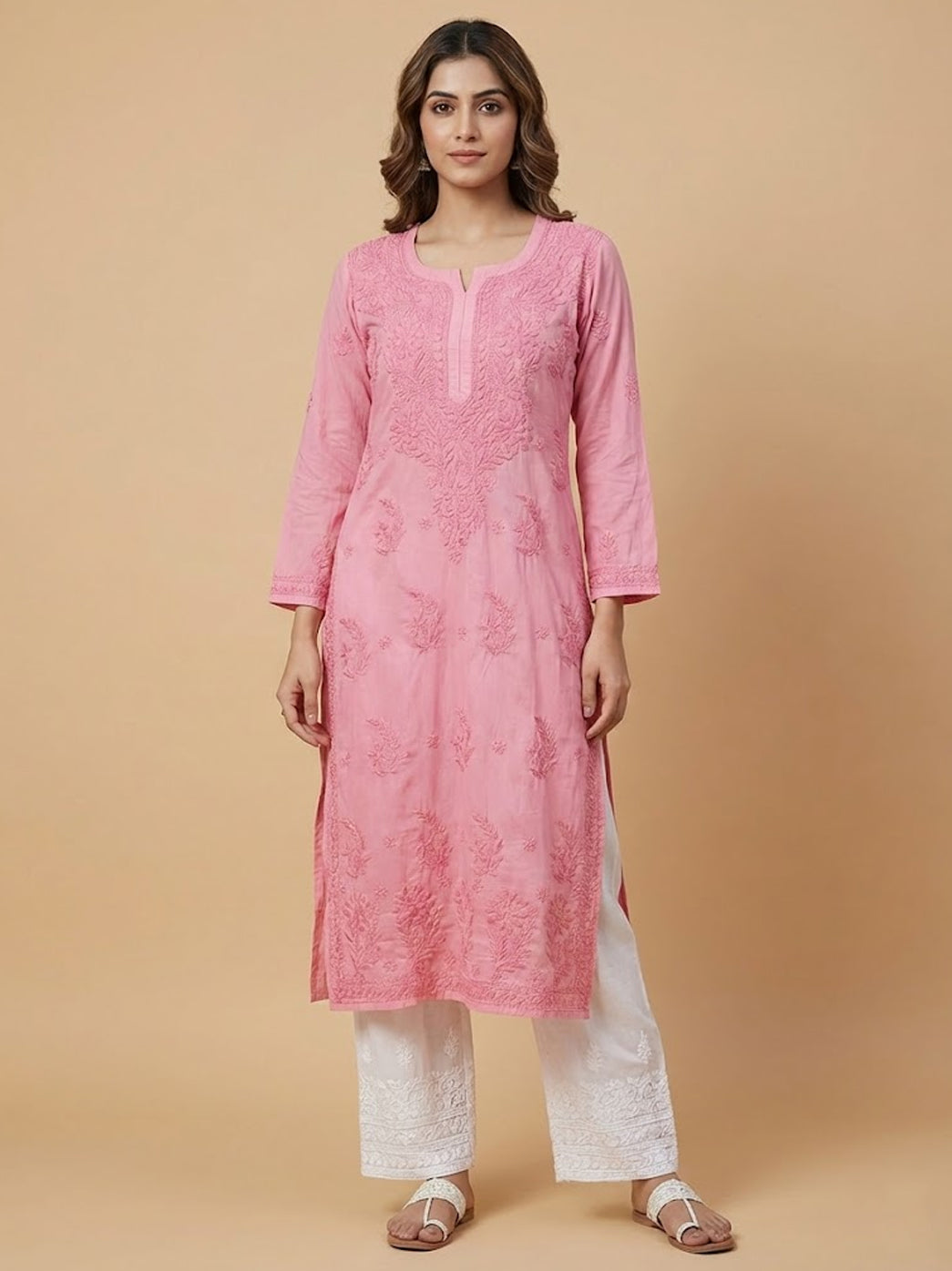 Coral Cotton Chikankari Straight Kurti