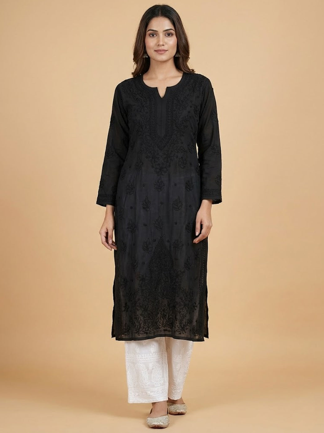 Black Muslin Chikankari Straight Kurti