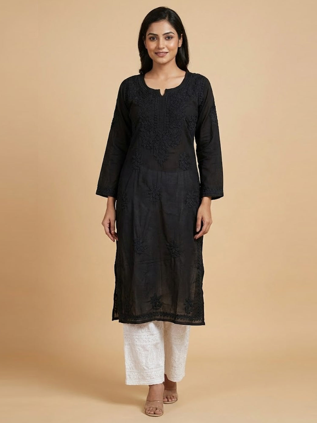 Black Cotton Chikankari Straight Kurti