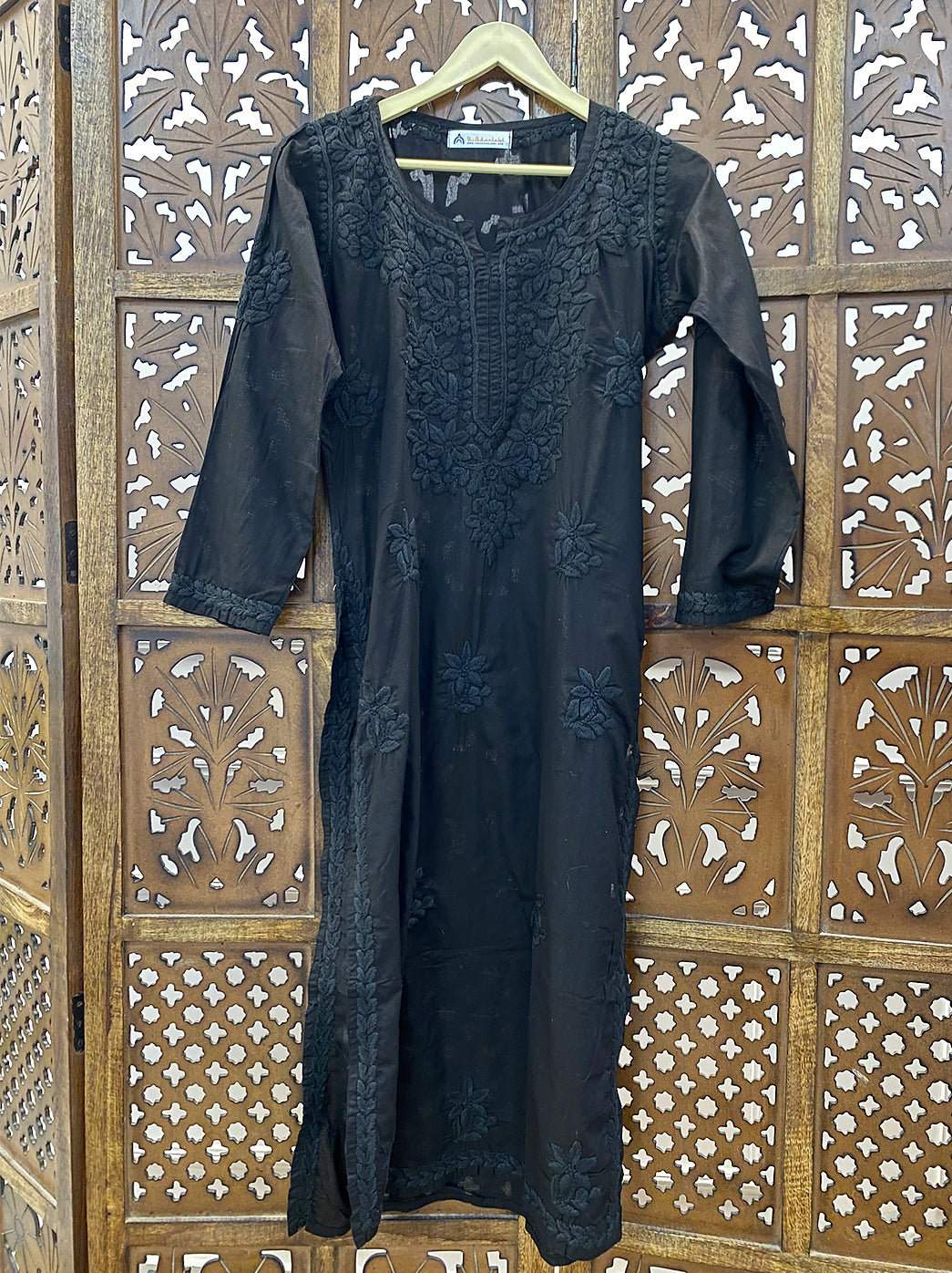 Black Cotton Chikankari Straight Kurti