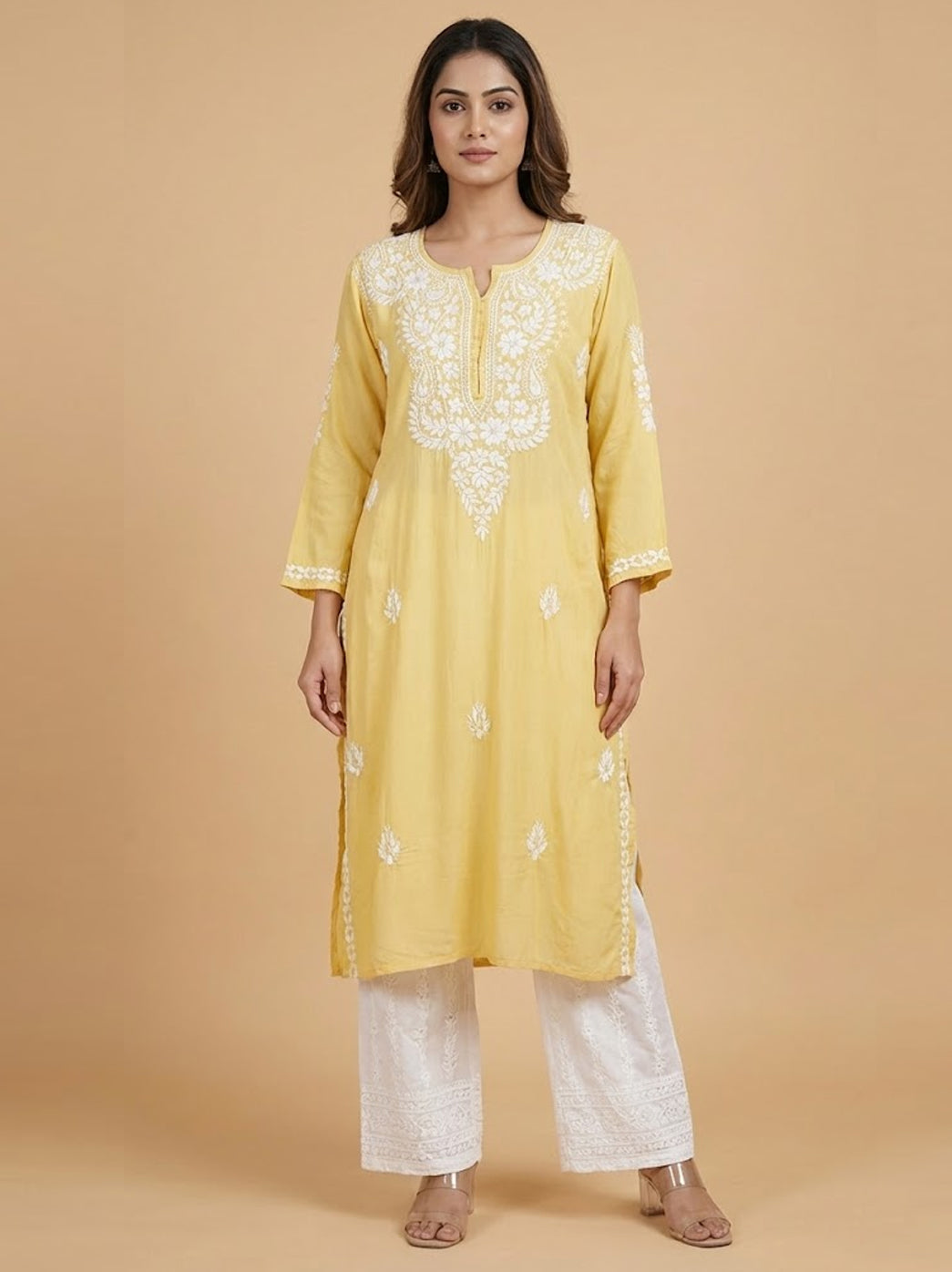 Beige Modal Chikankari Straight Kurti