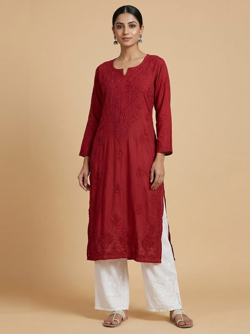 Maroon Muslin Chikankari Straight Kurti