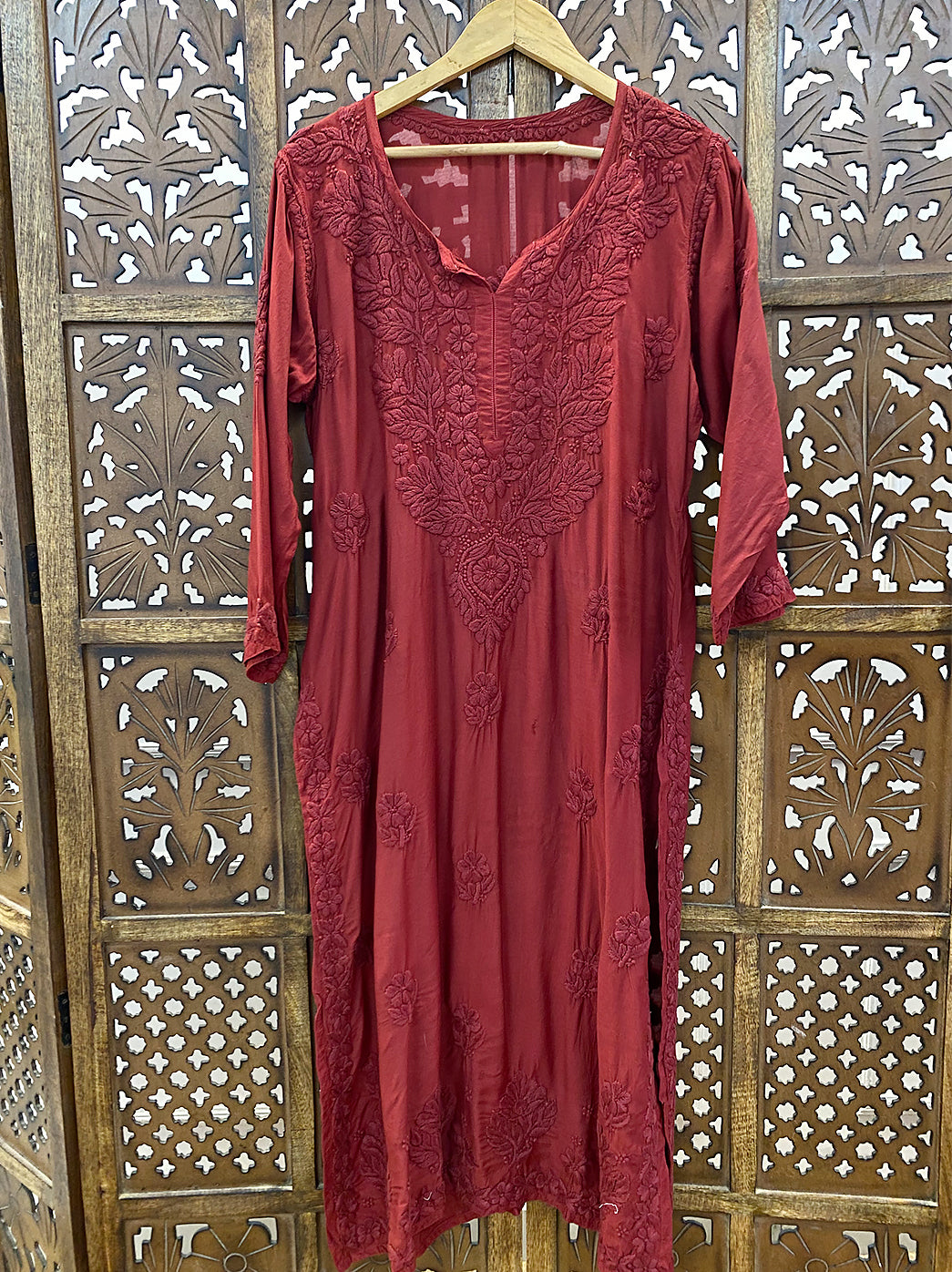 Maroon Muslin Chikankari Straight Kurti